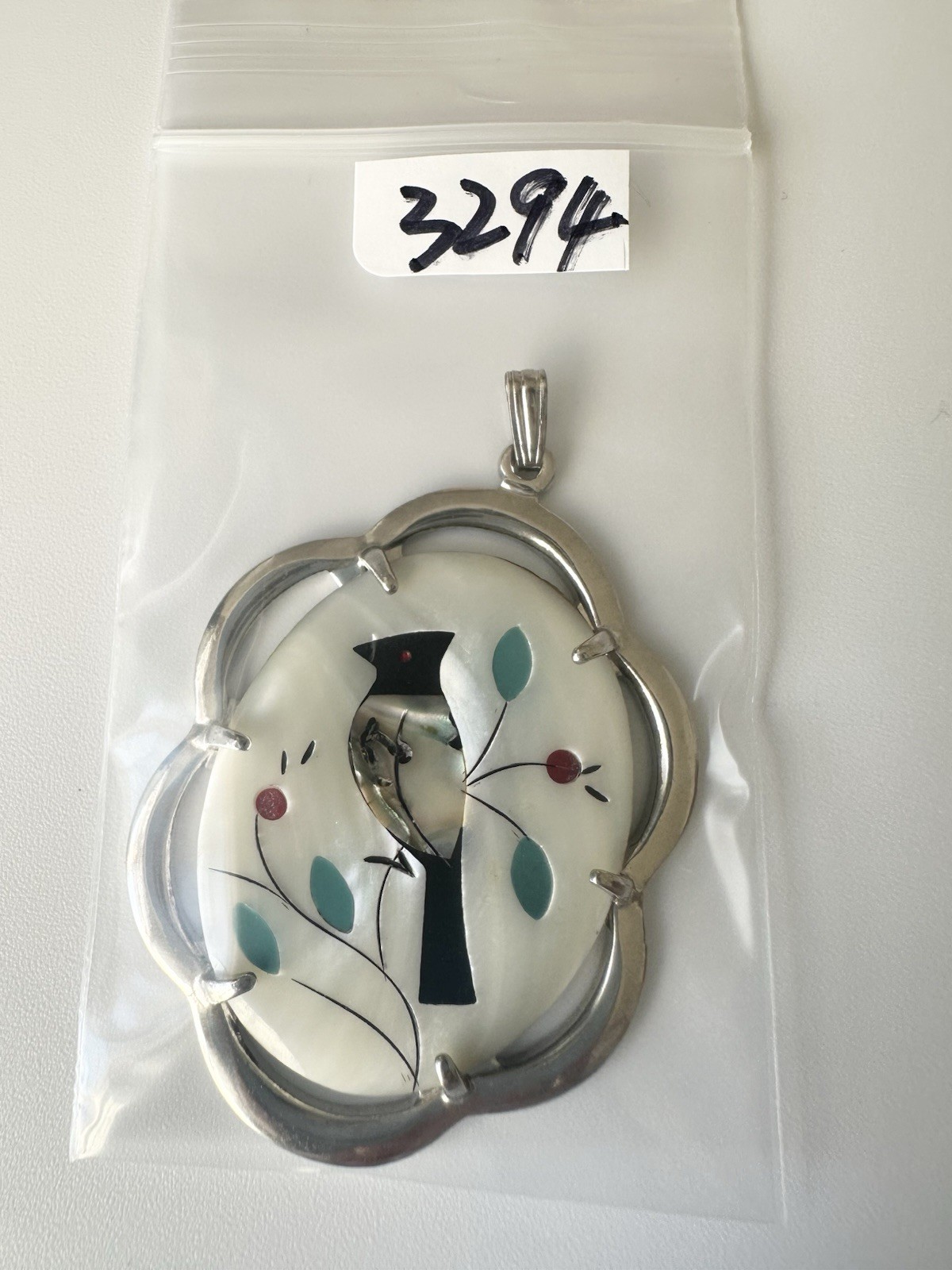 Vintage Mother of Pearl Inlay Bird Pendant Abalone Detail Oval Silver Tone