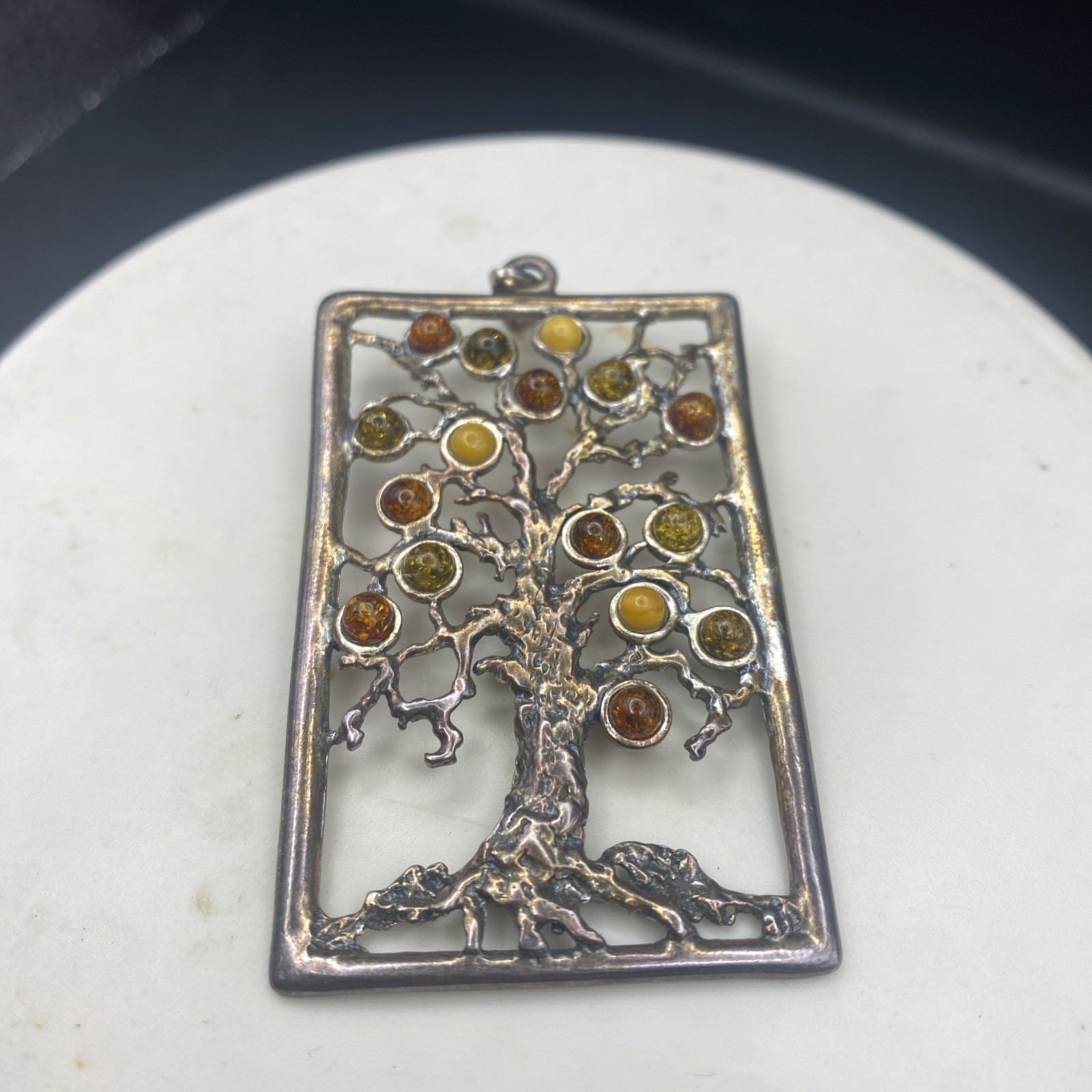 Large 2.5” 925 Sterling Silver Genuine Baltic Amber Tree of Life Pendant Vintage