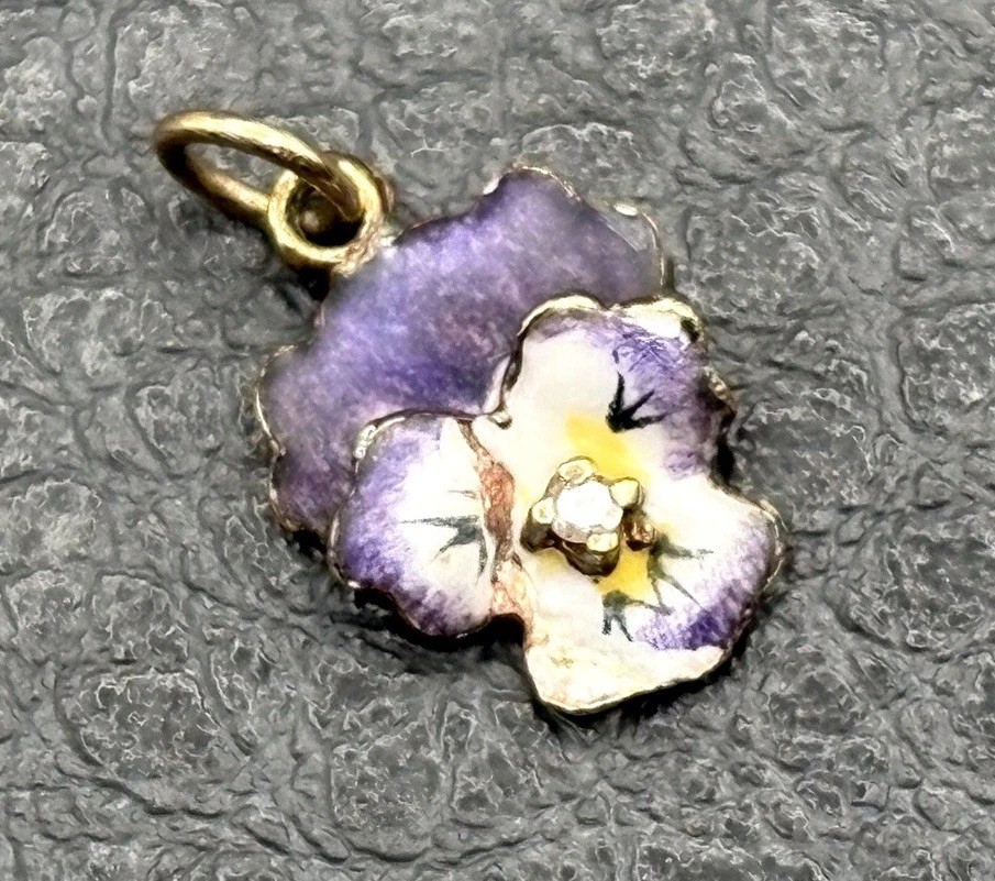 VTG 14K Gold Purple Enamel Pansy Violet Flower Diamond Antique Pendant Or Charm