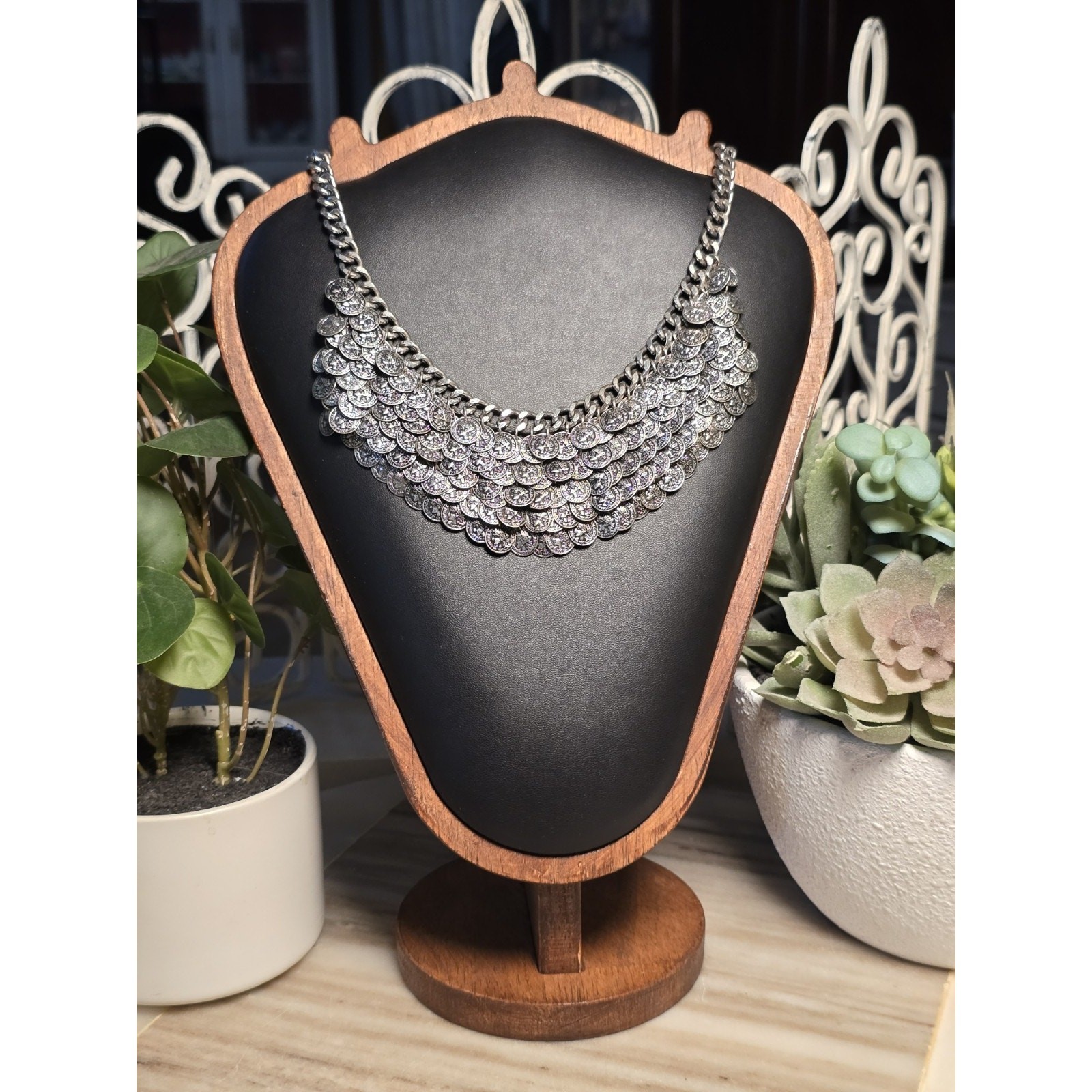 Vintage Faux Coin Chain Link Silver-Tone Statement Necklace Brutalist Adjustable