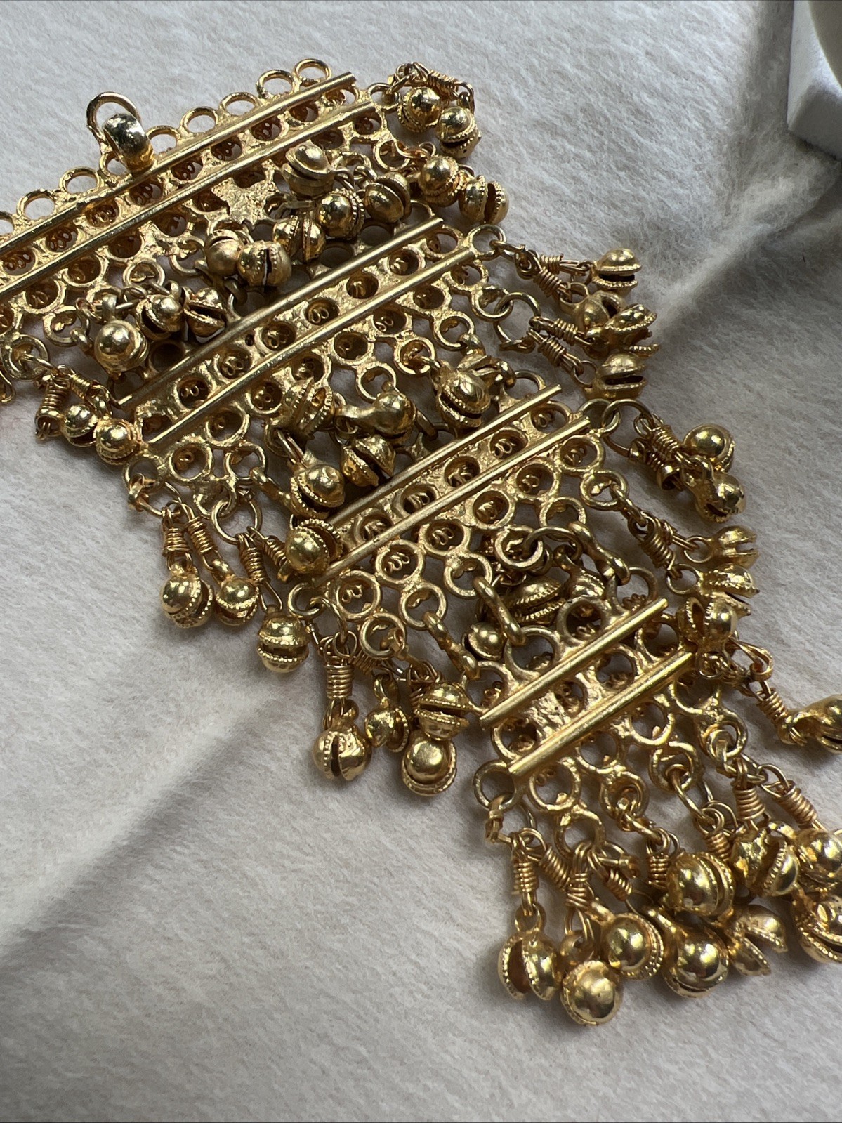 Vtg FESTOON NECKLACE Pendant GOLDWASH BRASS FILIGREE ROSETTES DANGLES