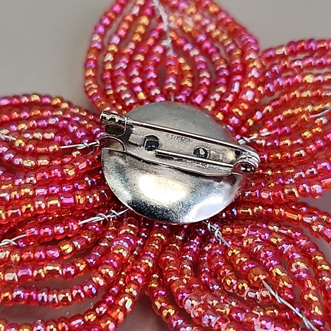 Vintage Seed Bead Flower Brooch AB Red Wired Glass 2.75″