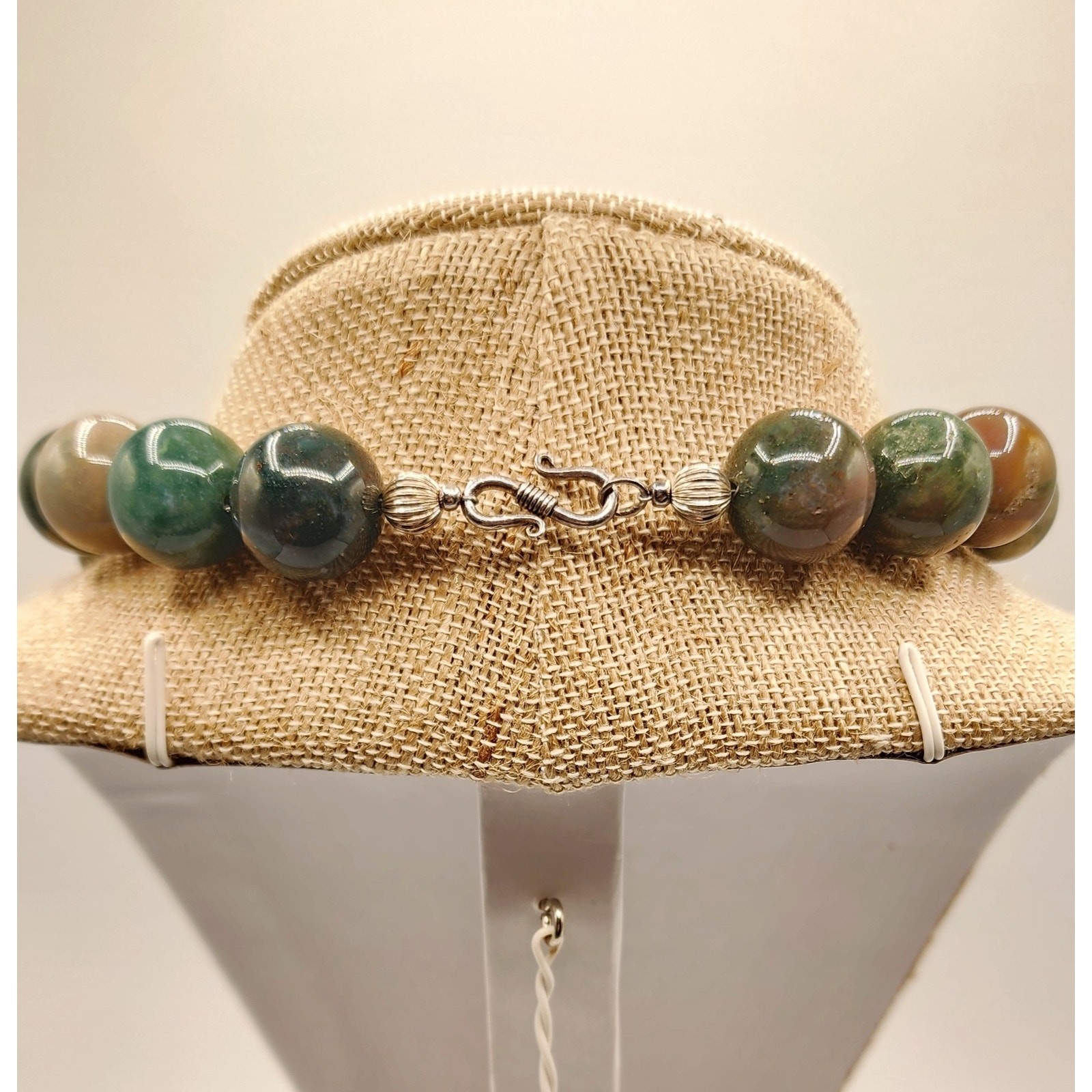 Vintage Artisan Agate & Pearl Necklace w/ Green Spot Jasper and Sterling Clasp