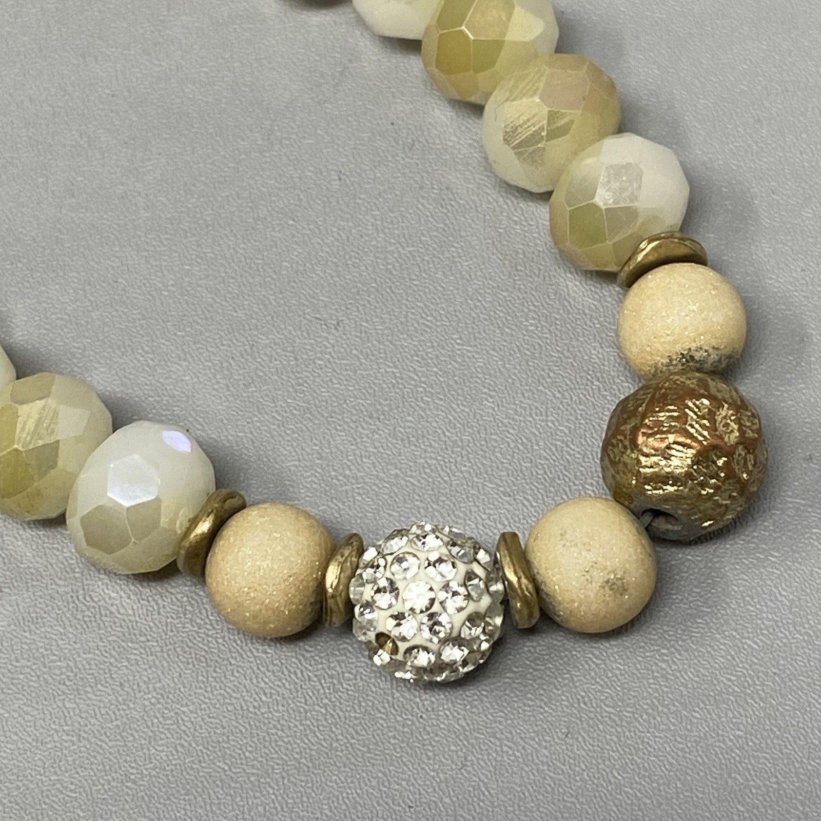 Glass Beaded Bracelet White Opaque Yellow Fire Polished Faceted Stretch 7″