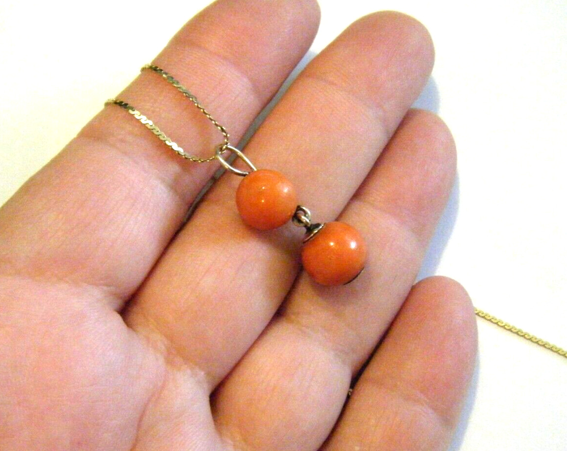 Antique Edwardian 10K Gold Salmon Coral 8 and 9mm Drops Pendant 2.7g