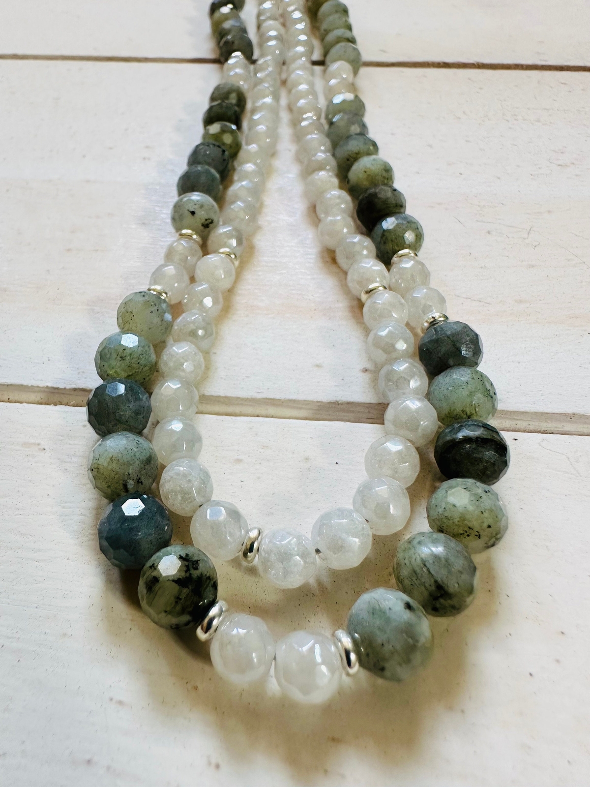 Labradorite Silverite Double Strand Beaded Necklace Non-Tarnish Silver Plated P