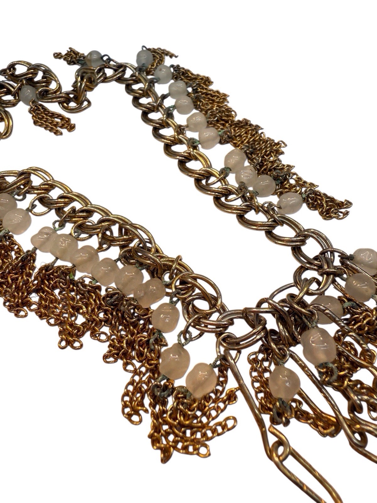 Bead Fringe Bib Necklace 1970s Cuban Link Chain Tassels Frosted Glass Gold T. WB