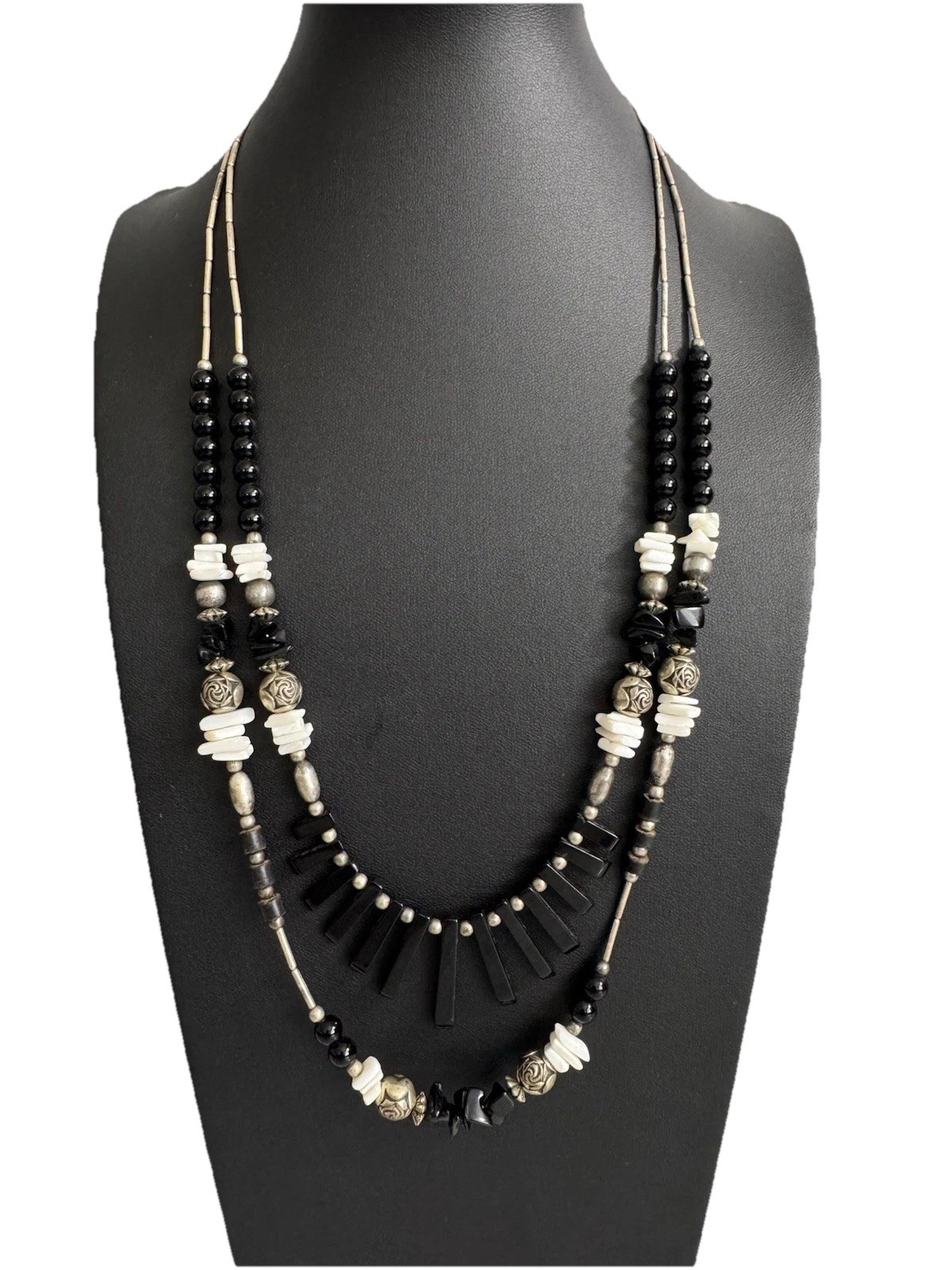Vtg Silver Tone Liquid Silver Black Onyx Bead & Fringe 2-Strand Layered Necklace