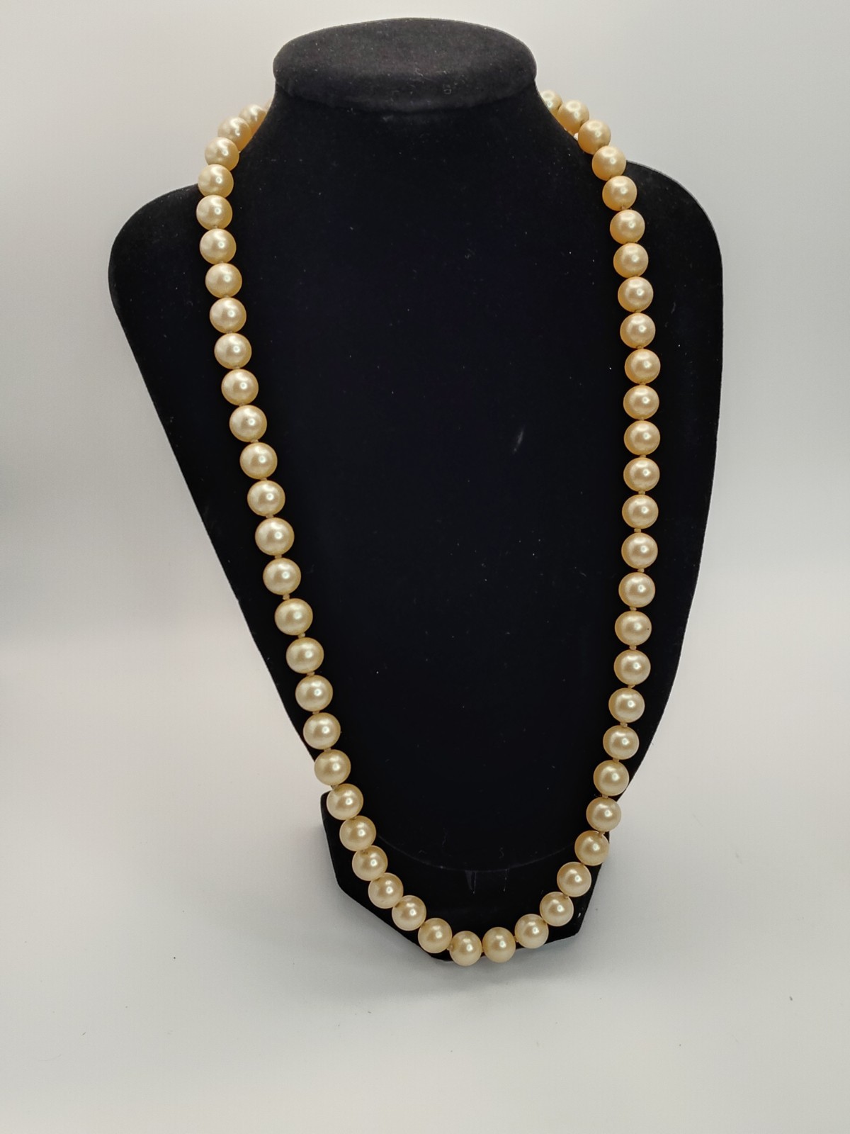 Vintage Hand Knot Glass Pearl Necklace Cream Flapper Filigree Safety Clasp 22″