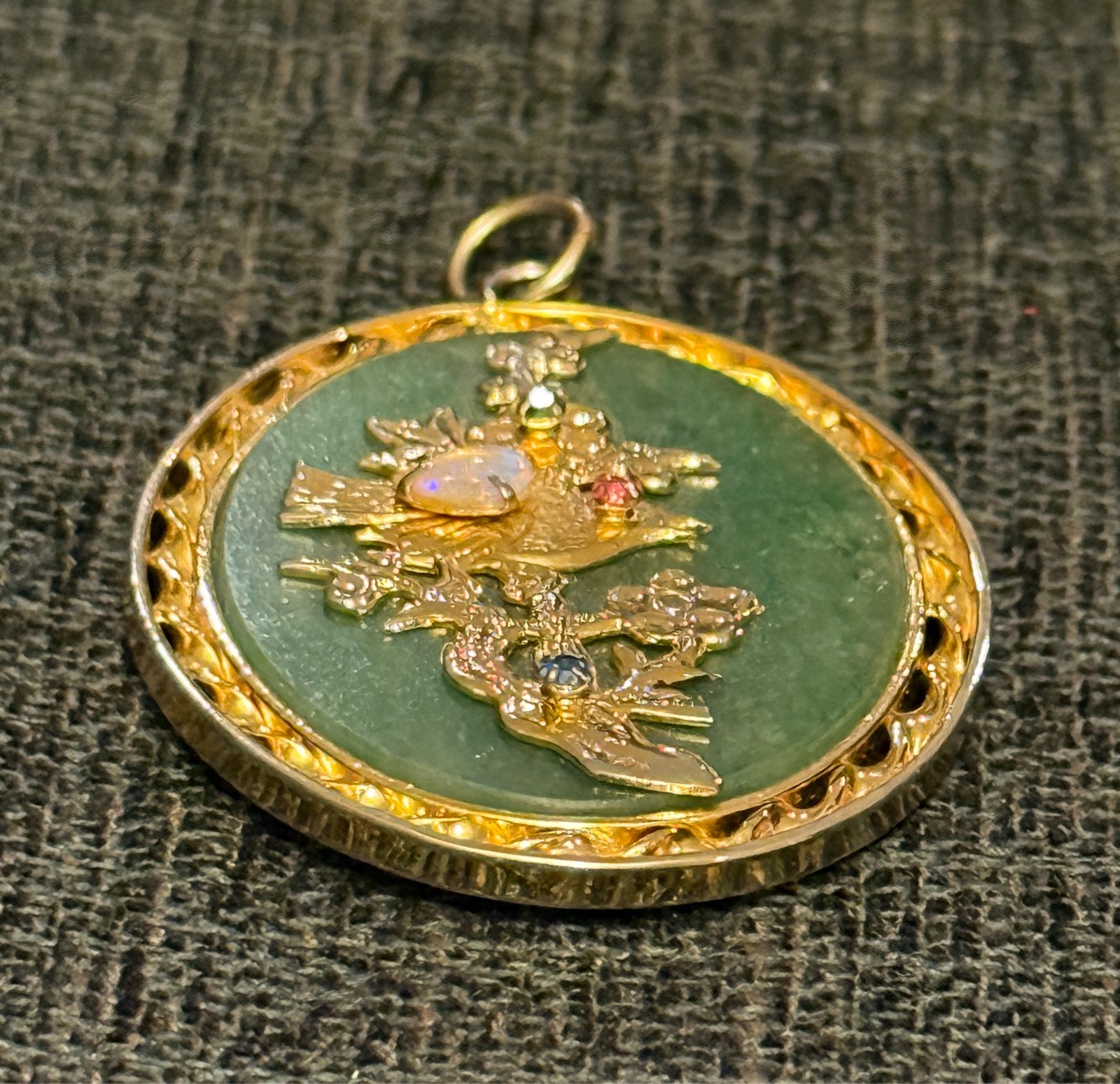 VTG Chinese Jade Pendant Opal Ruby Sapphire Emerald Bird Gold Tone Reversible Fu