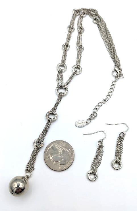 Vintage BIJOUX TERNER Necklace Earring Set Silver Tone Lariat Rhinestone