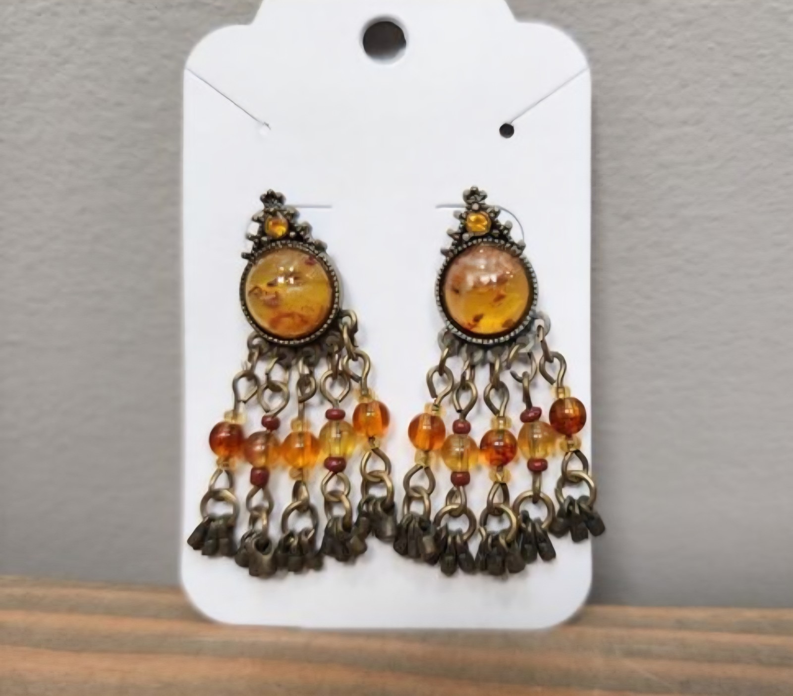 Amber Resin Dangle Bronze Tone Chandelier Earrings Boho