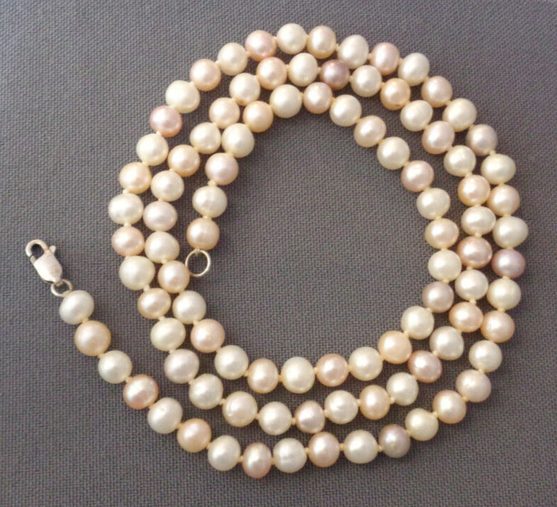Vintage 6mm Cultured Pearl Necklace 24″ Multi-Color Pale Pastel JCM Jacmel 925