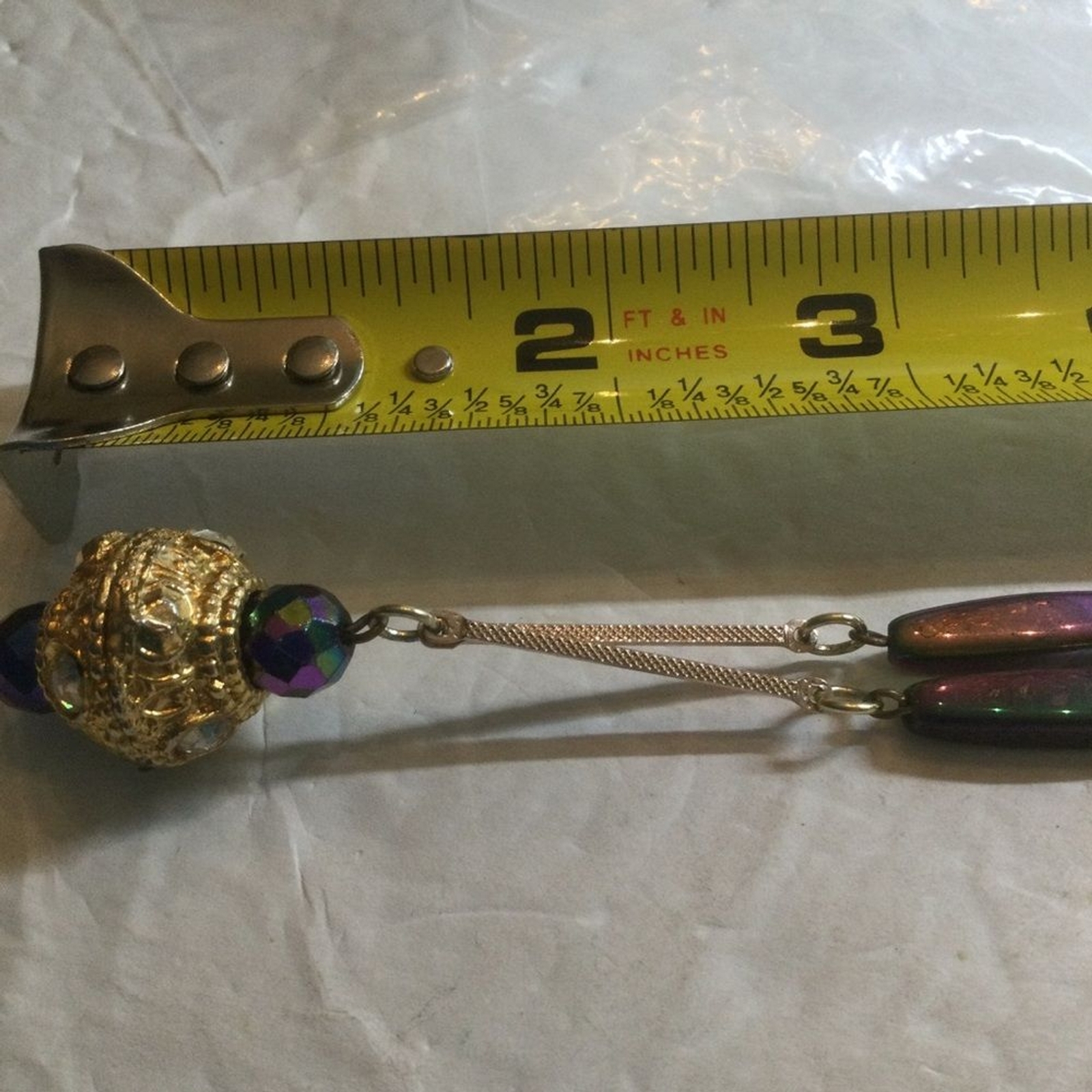 Vintage Pendant Necklace Peacock Glass Beads Gold Tone Bar Link Chain