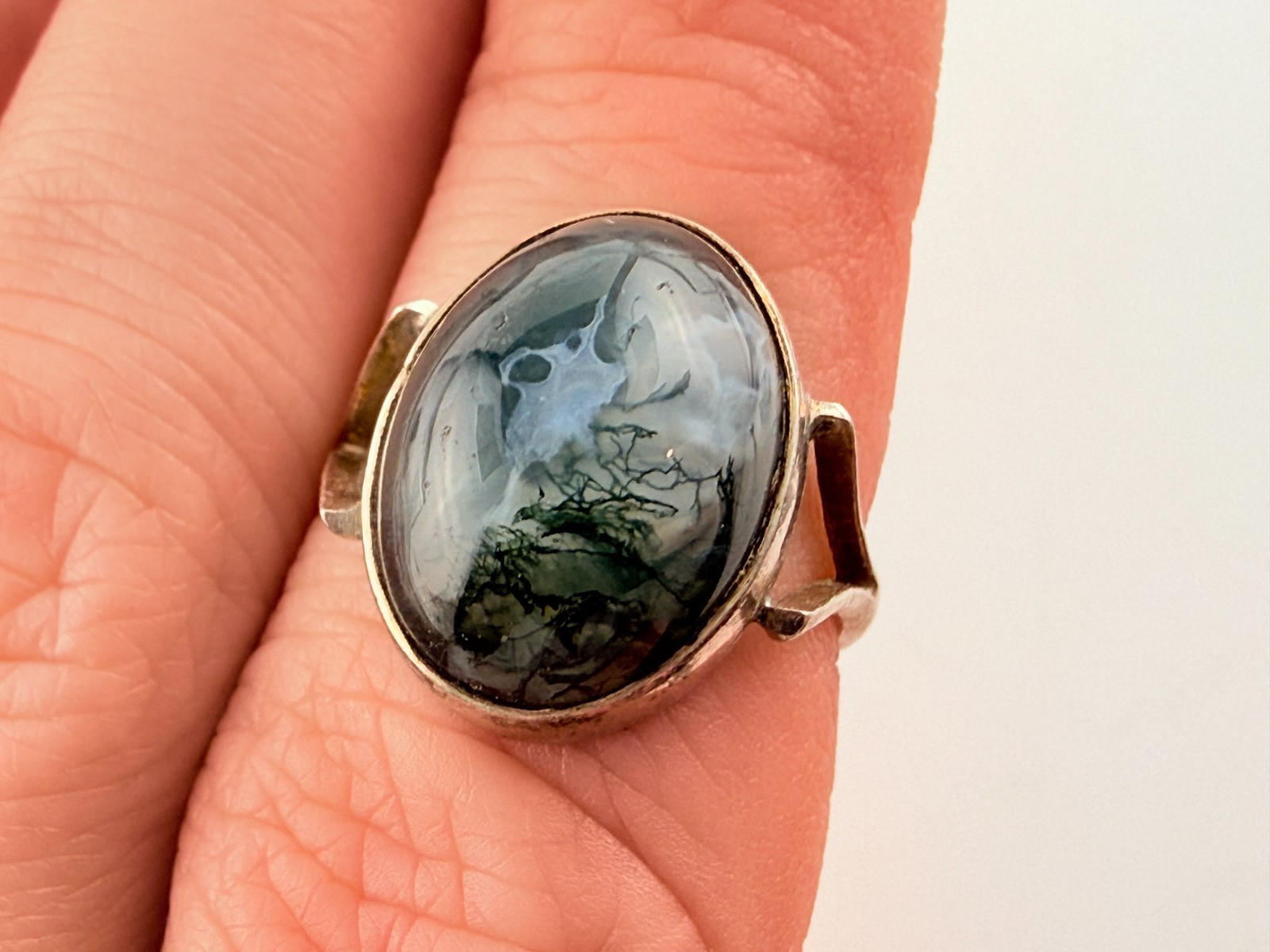 Vintage Swedish Sterling Silver Moss Agate Ring 925 Size 5.5 Three Crown Mark