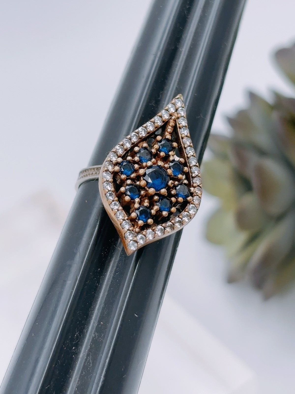 Sterling Silver 925 Turkish Rhombus Iolite Stone Ring Sz 8 Antique Unique