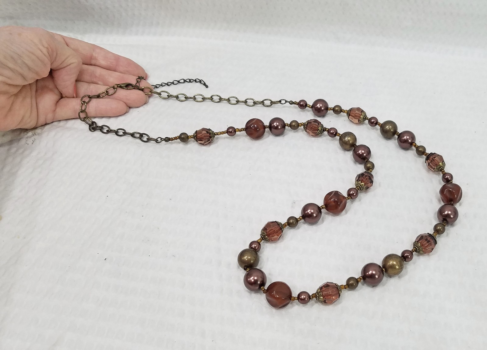 Vintage Brown Acrylic Crystal Cognac Geometric & Brass Tone Bead Long Necklace