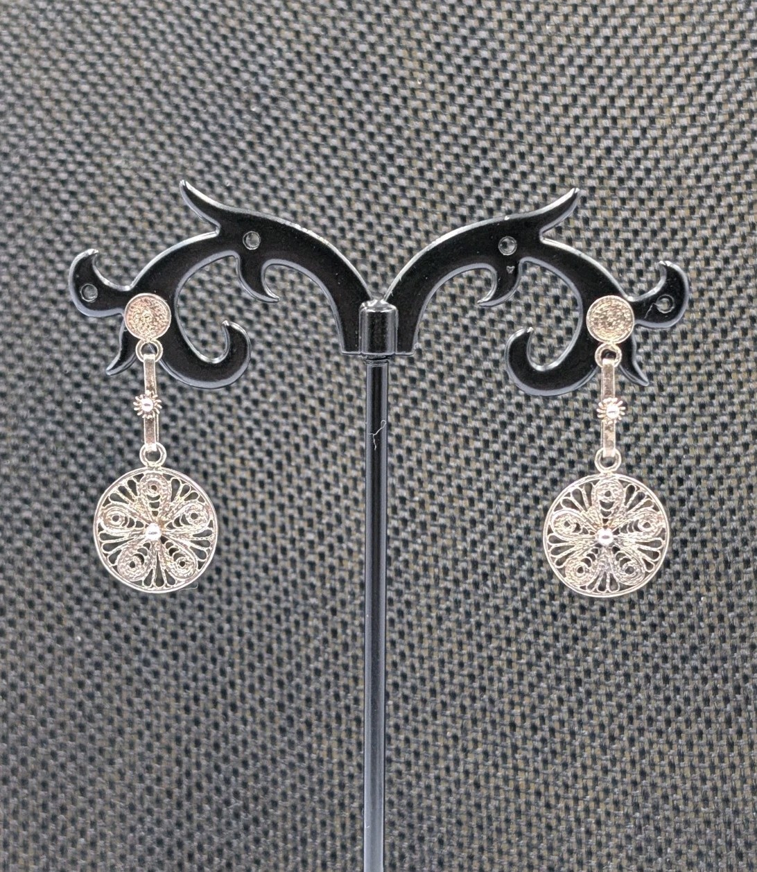 Vtg Sterling Silver Filigree Cannetille Flower Round Stud Dangle 925 Earrings 3g