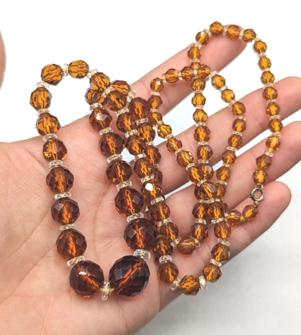 Faceted Amber Topaz Colored Glass Clear Crystal Graduated Bead Necklace 28″