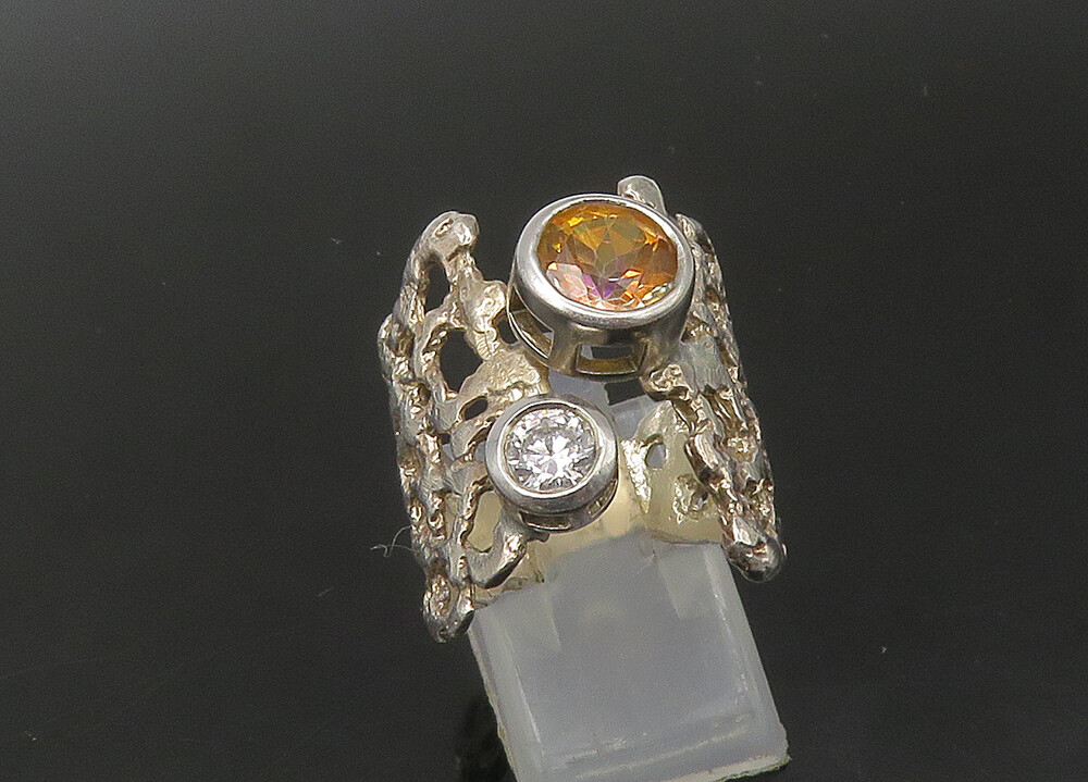 925 Silver Vintage Cubic Zirconia & Citrine Sculpted Band Ring Sz 8.5 RG22387