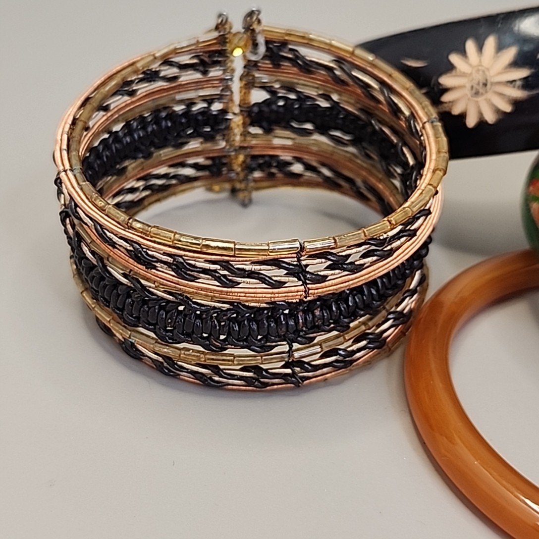 Vintage Bangle Bracelet Lot of 4 Wood Carved Hand Painted Earth Tones Wired