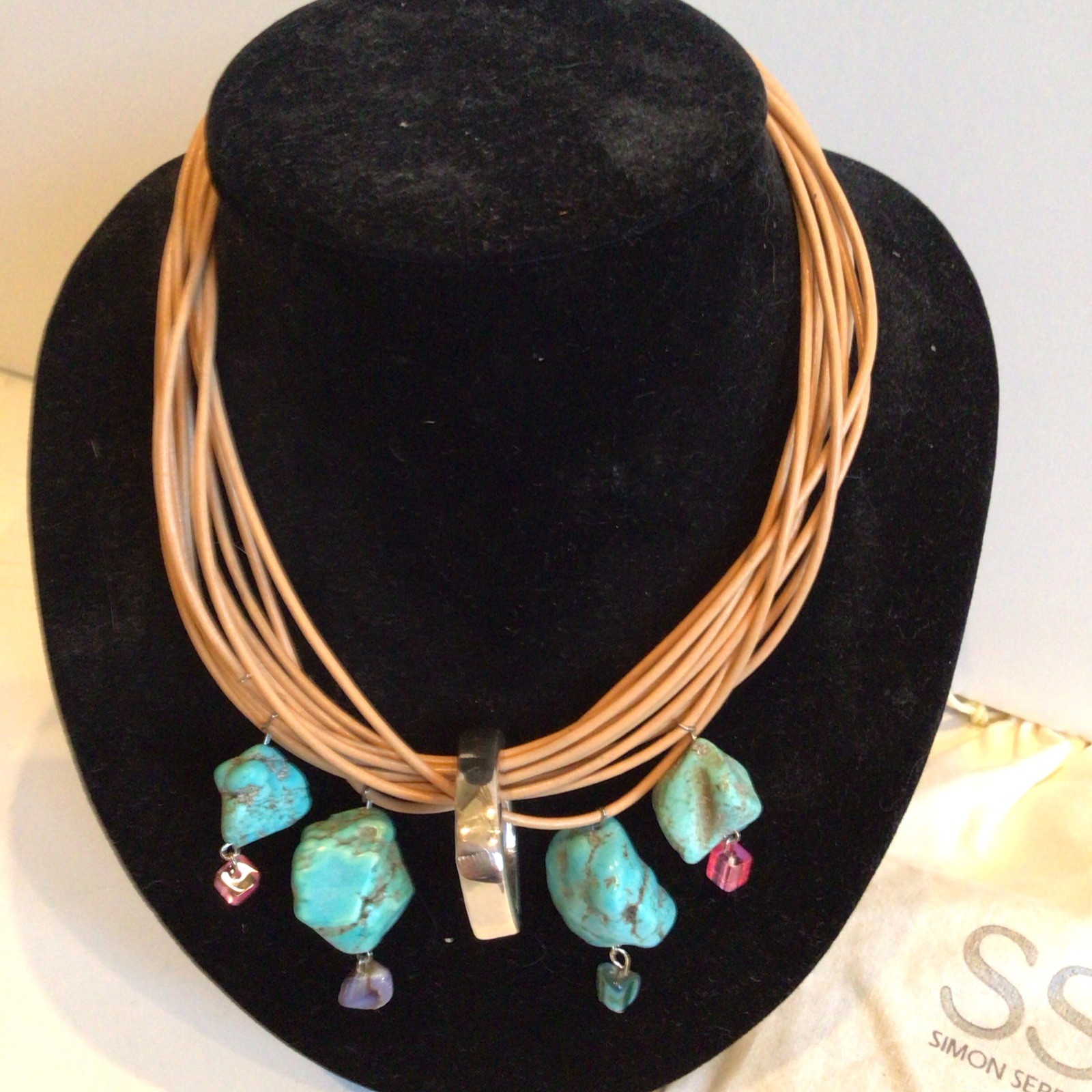 SPECIAL SEBBAG VON MUSULIN NECKLACE STERLING TURQUOISE LEATHER W PENDANT,EXTEND
