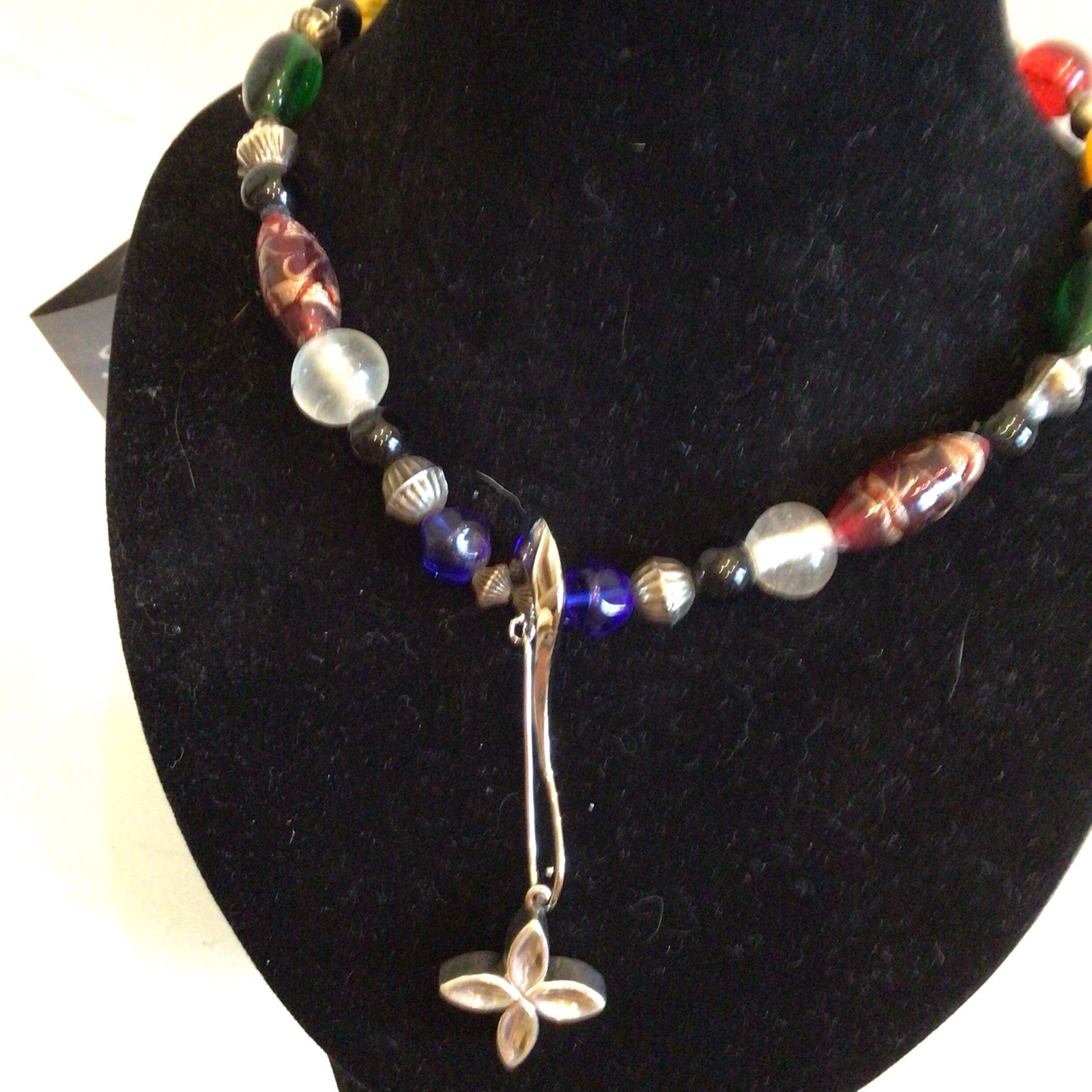 SPECIAL SEBBAG VON MUSULIN NECKLACE STERLING FLOWER W/GORGEOUS GLASS BEADS
