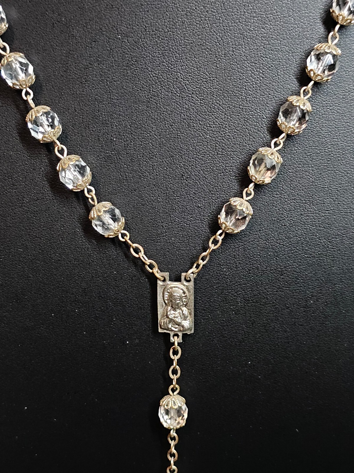 Vtg Crystal Glass Rosary Crucifix Necklace