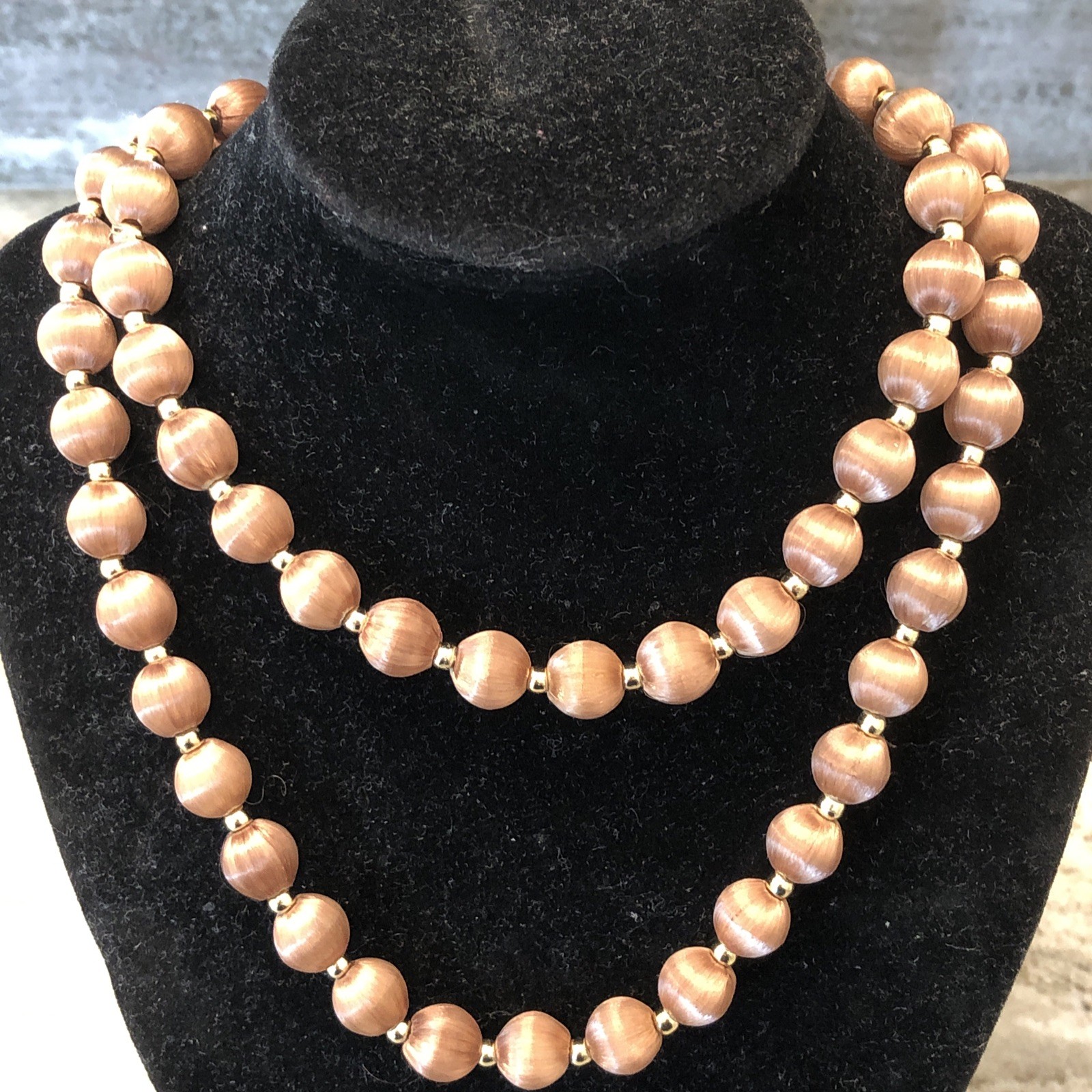 Vintage Silk Champagne/Brown With Gold Tone Beaded Necklace Stationary
