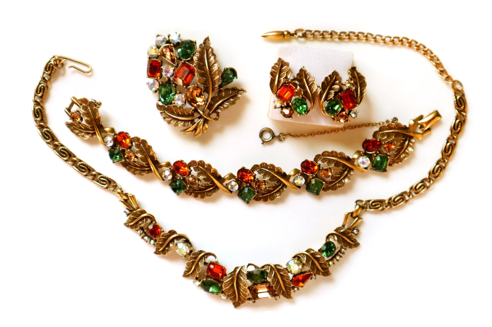 Vintage CORO PARURE Rhinestone Set Fall Colors Necklace Bracelet Earrings Brooch