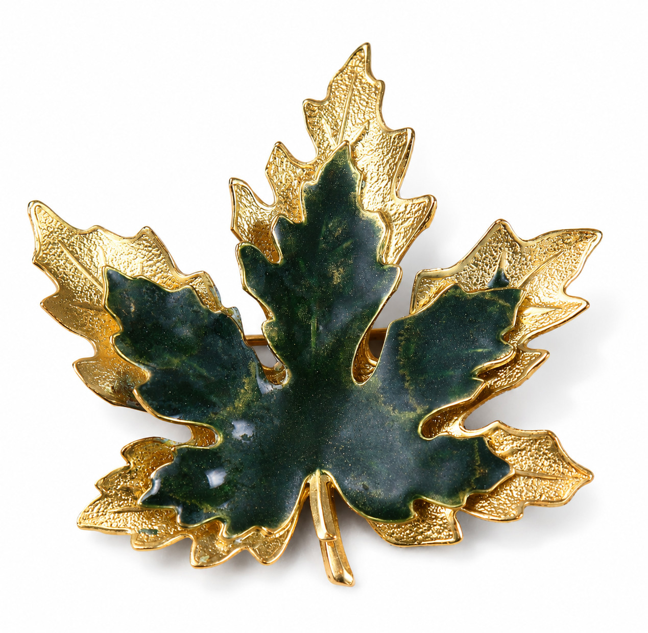 Vintage Maple Leaf Brooch Pin Green Enamel Gold Tone Fall Autumn Nature