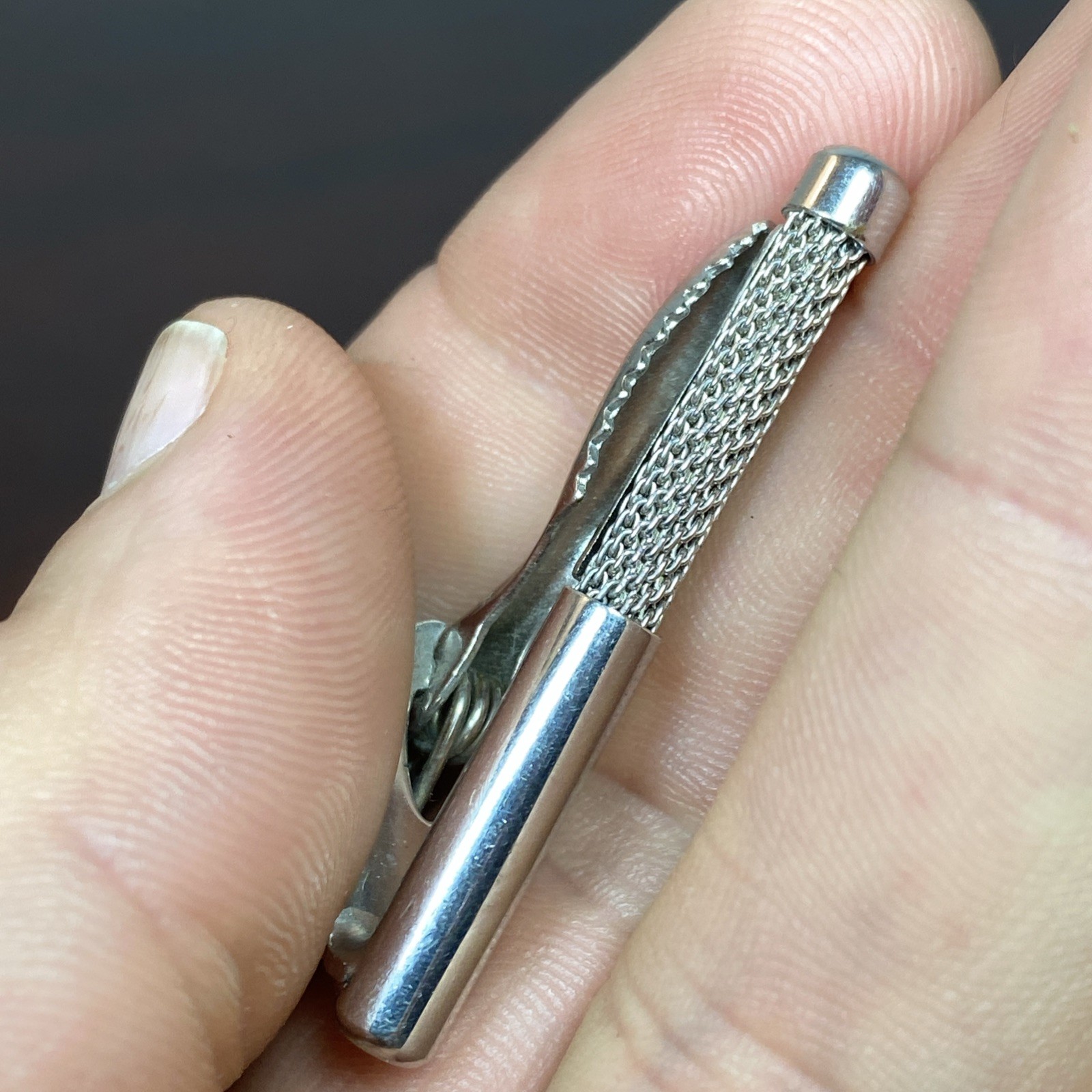 Vtg Round MESH Swank Cuff Links Tie Clip Bar Set (LOOKS LIKE A RETRO MICROPHONE)