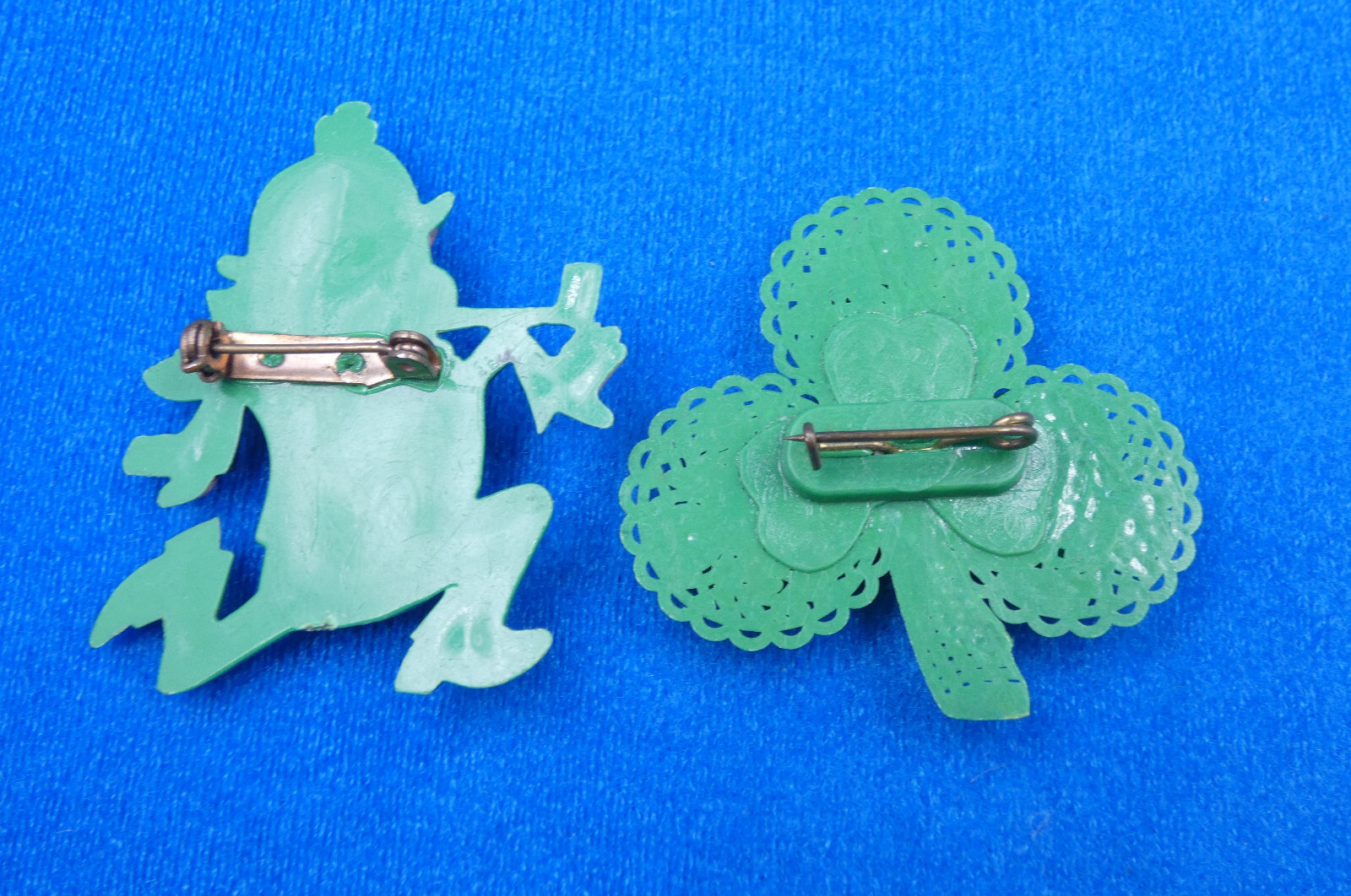 2 Vintage 1960’s Irish Clover & Leprechaun ~ St. Patrick’s Day Plastic Pins