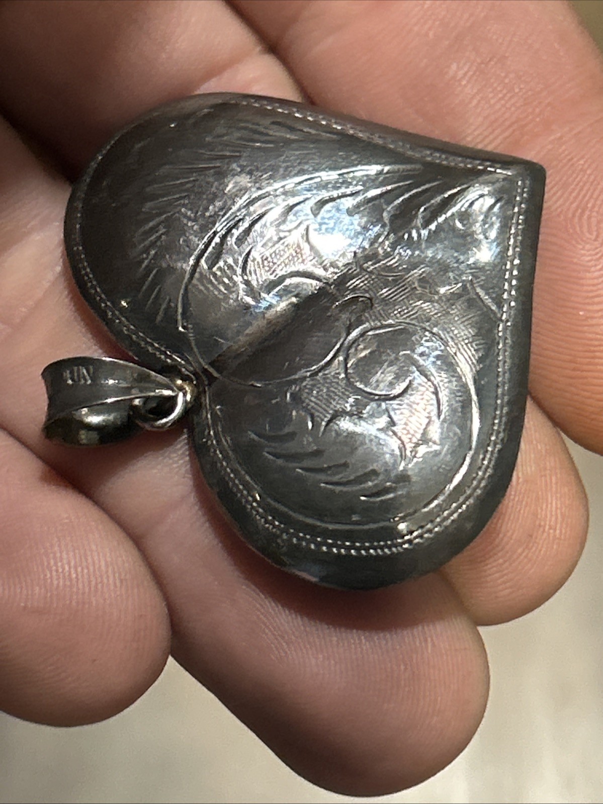 Antique Large Victorian Sterling Silver Puffy Heart Charm Pendant Early 1900’s