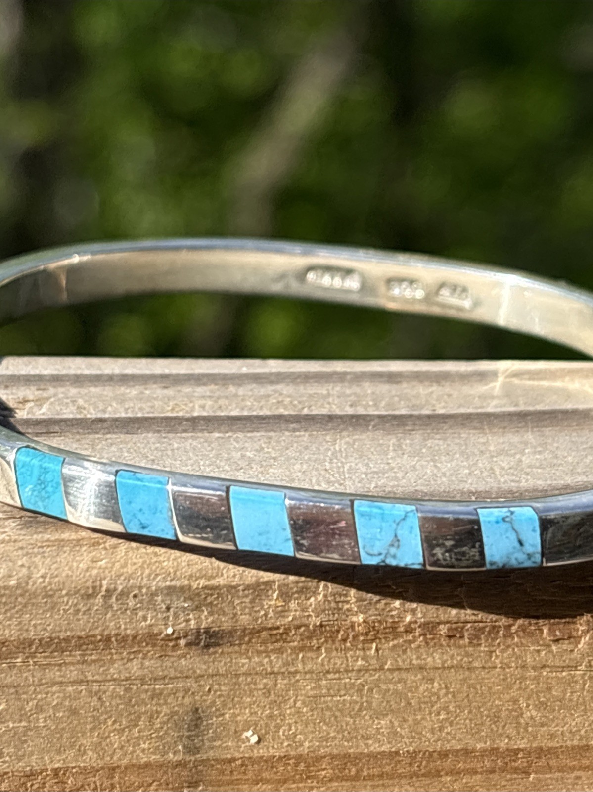 ATI Mexico 925 Sterling Silver Turquoise Hinged Bangle Bracelet Signed