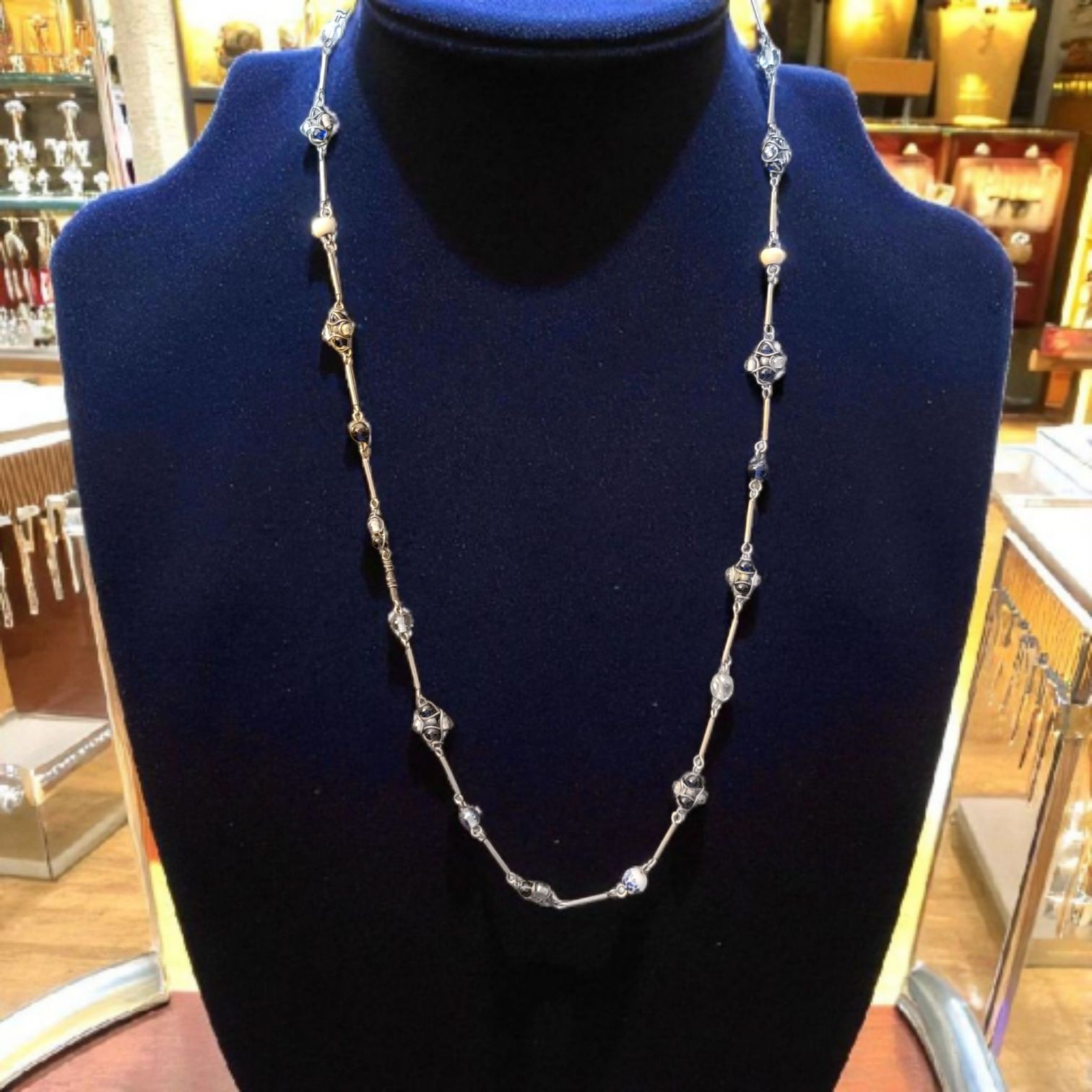 1960’s Classic Necklace Multi Beaded Blue Cluster Wire Wrapped Art Glass Hippy