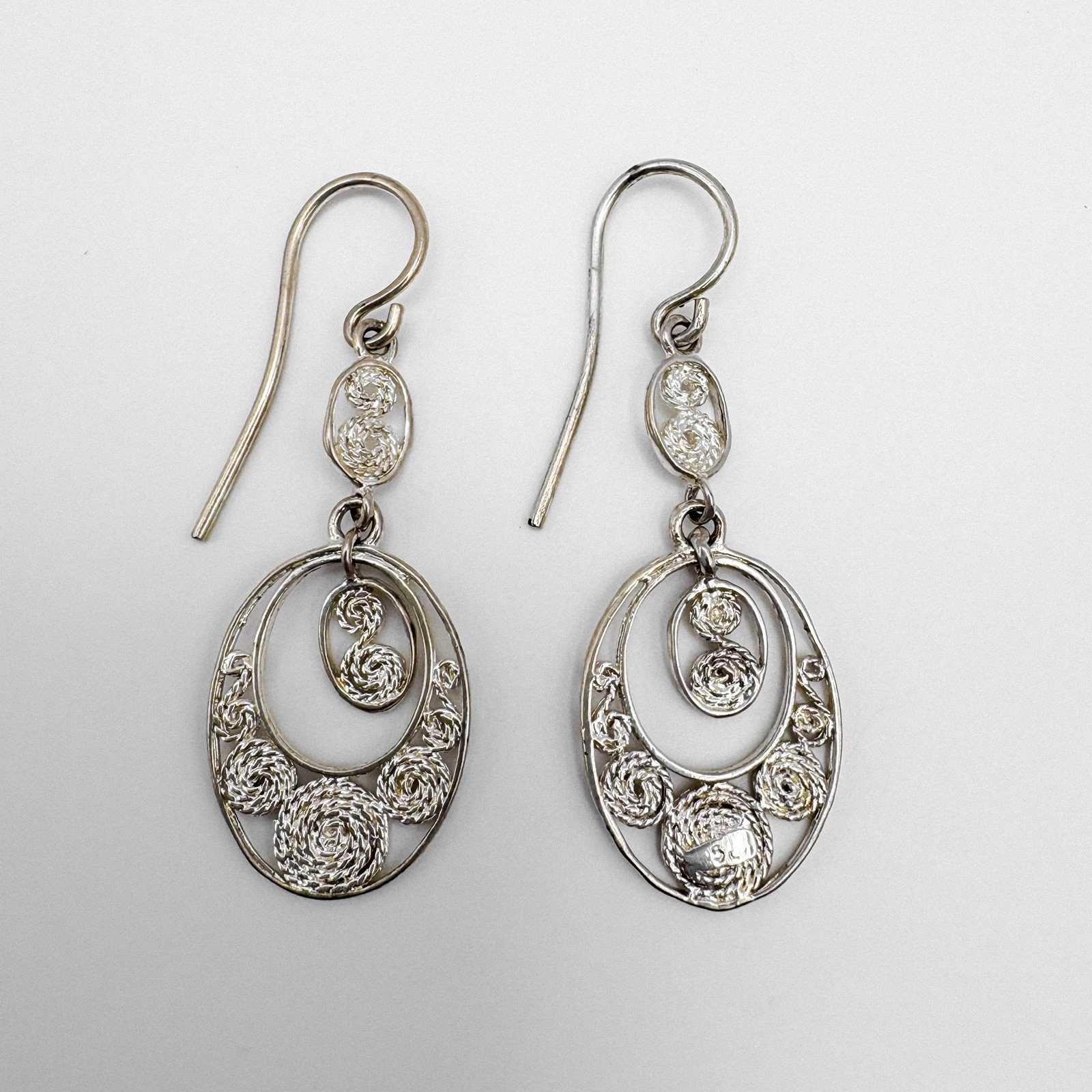 Dangle Oval Earrings, pierced hook, 925 Sterling Silver signed