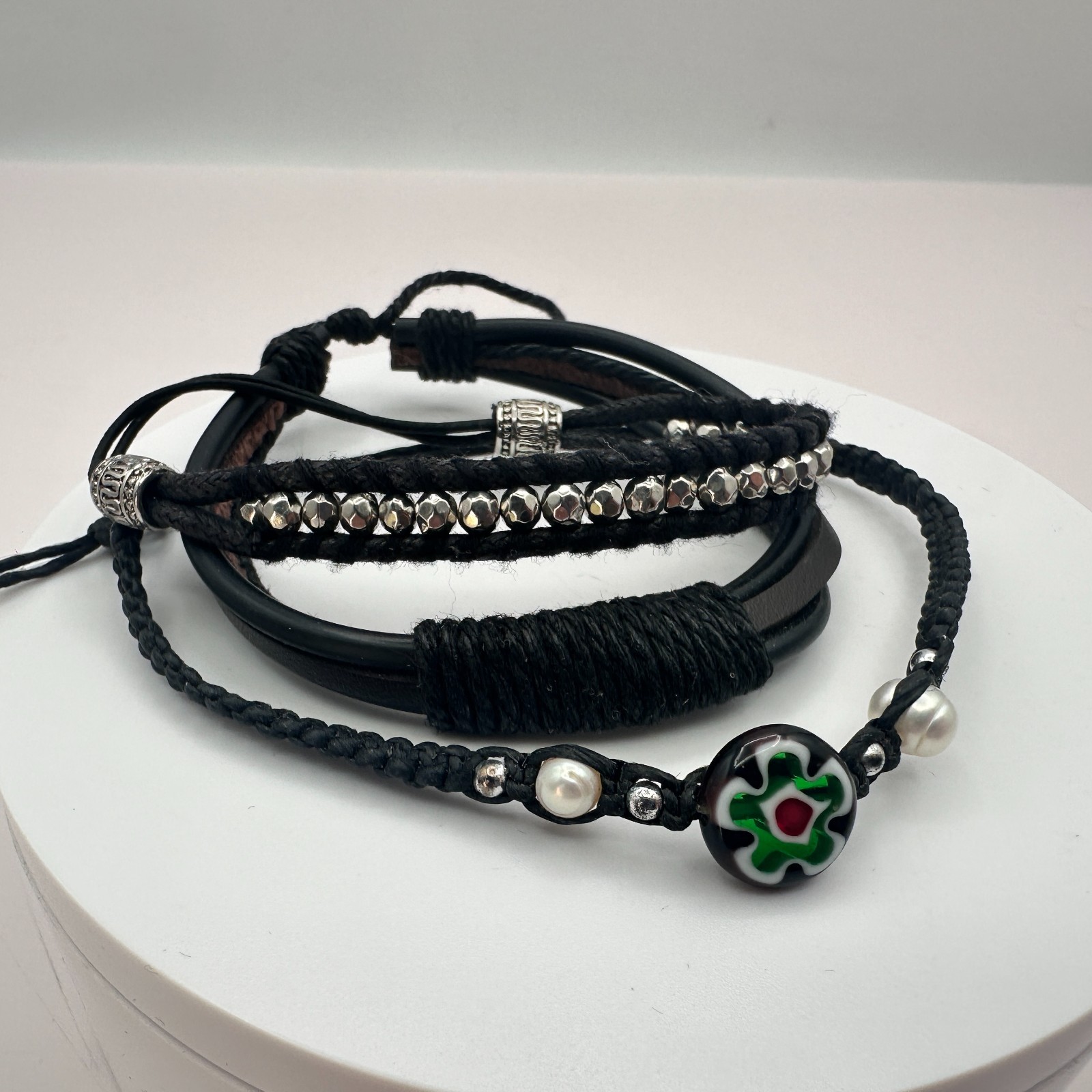 Vintage 90s Black Leather Glass Bead Bracelets Set Silver Tone Adjustable Boho