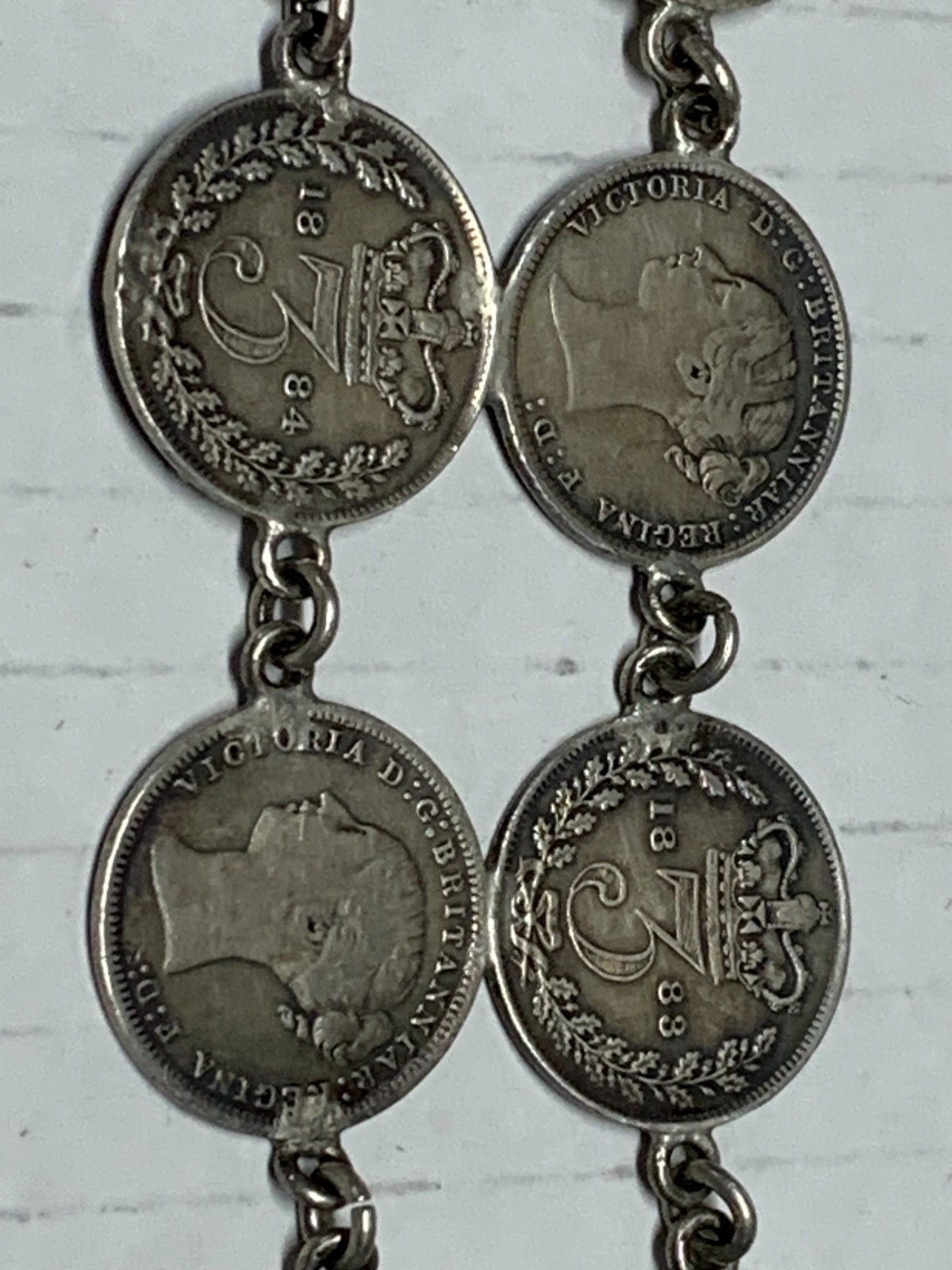 VINTAGE BRITISH COIN LINK BRACELET VICTORIAN ERA, 20-3 PENCE COINS 1873-1884