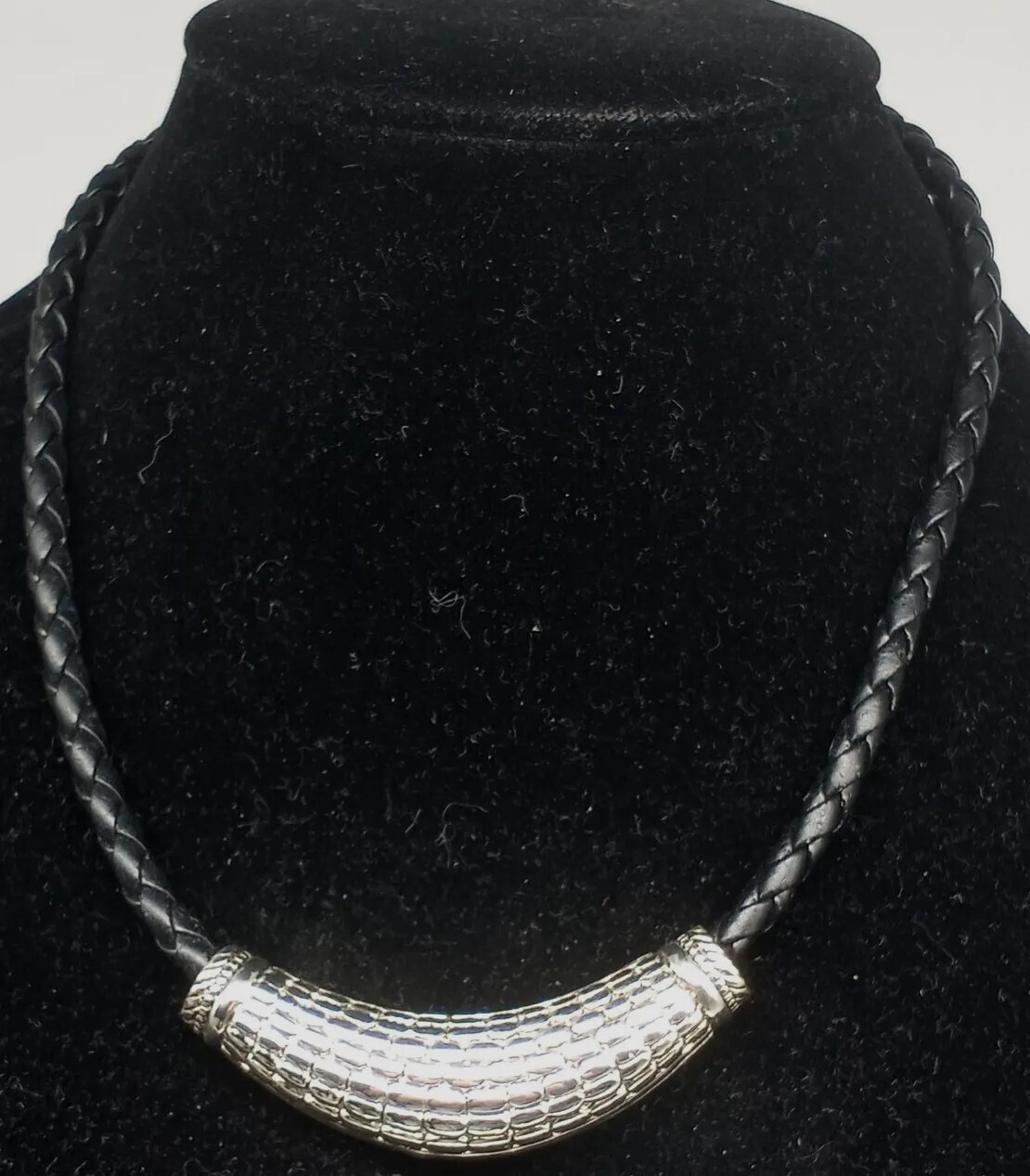 Vintage Choker Necklace Black Faux Twisted Leather Cord Silvertone Metal Pendant