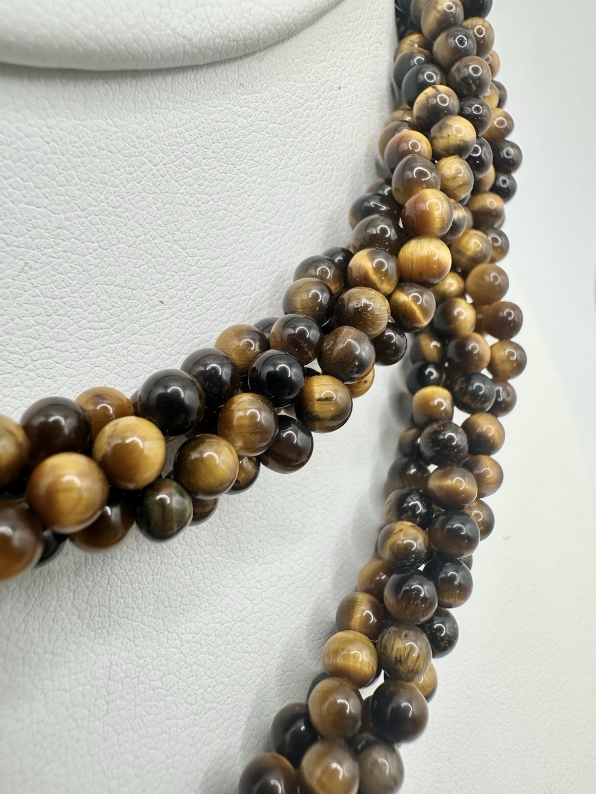 VTG 29In 4 Strand Tigers Eye Bead Necklace Caviar Gold Tone Fish Hook Clasp Read