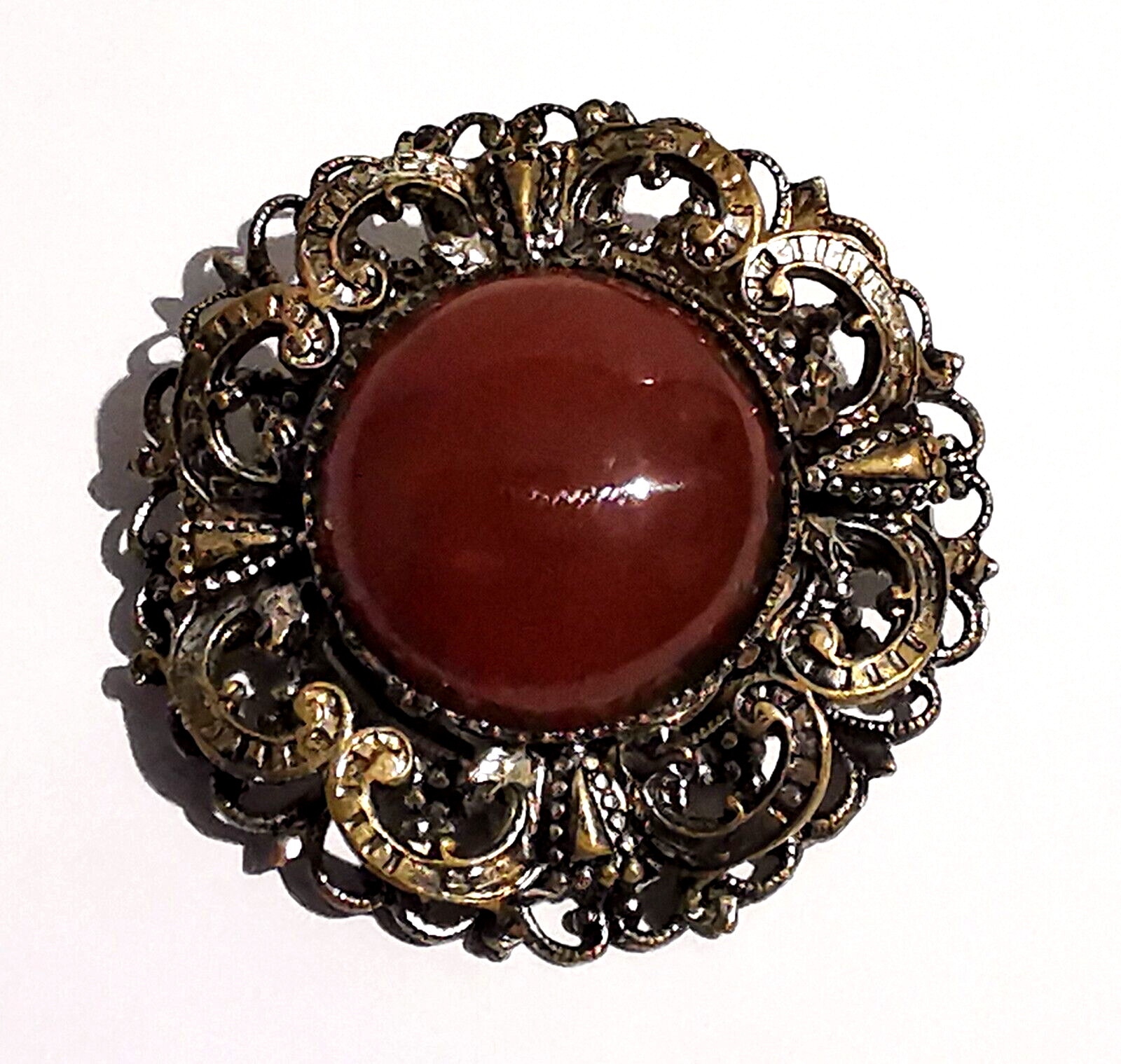 Vintage Czech Brown Glass Brooch Pin Silvered Brass Ornaments Dragon Handmade