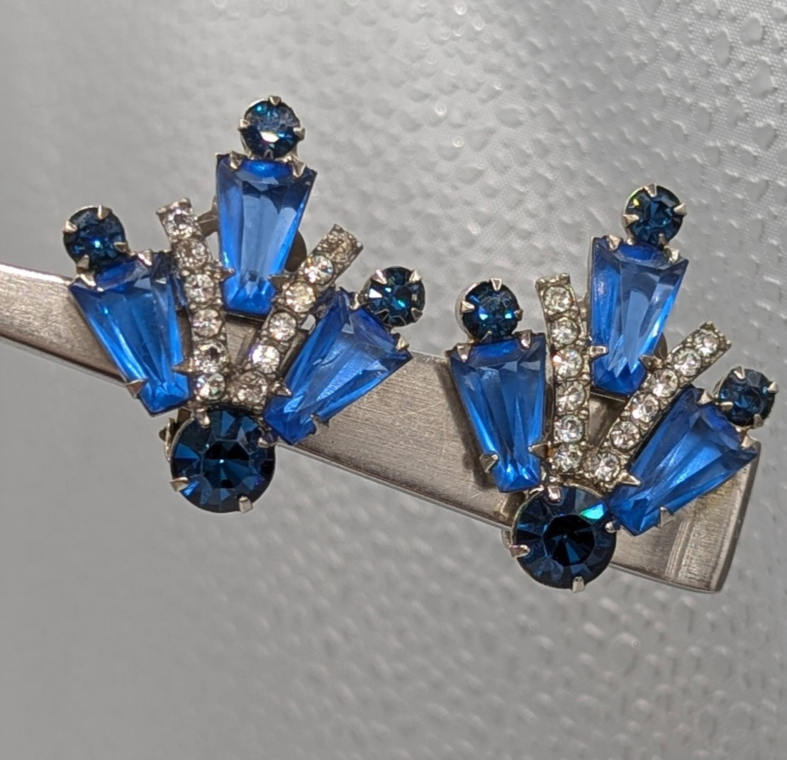 Juliana Blue Clip Earrings Keystones Fan Shape Verified DeLizza Elster Art Deco
