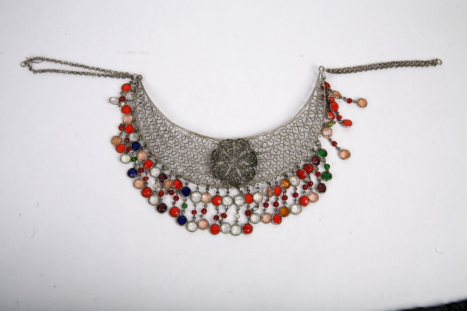 Vintage Bib Collar Choker Necklace Beaded Fringe Artisan Hand Made Mesh Filigree