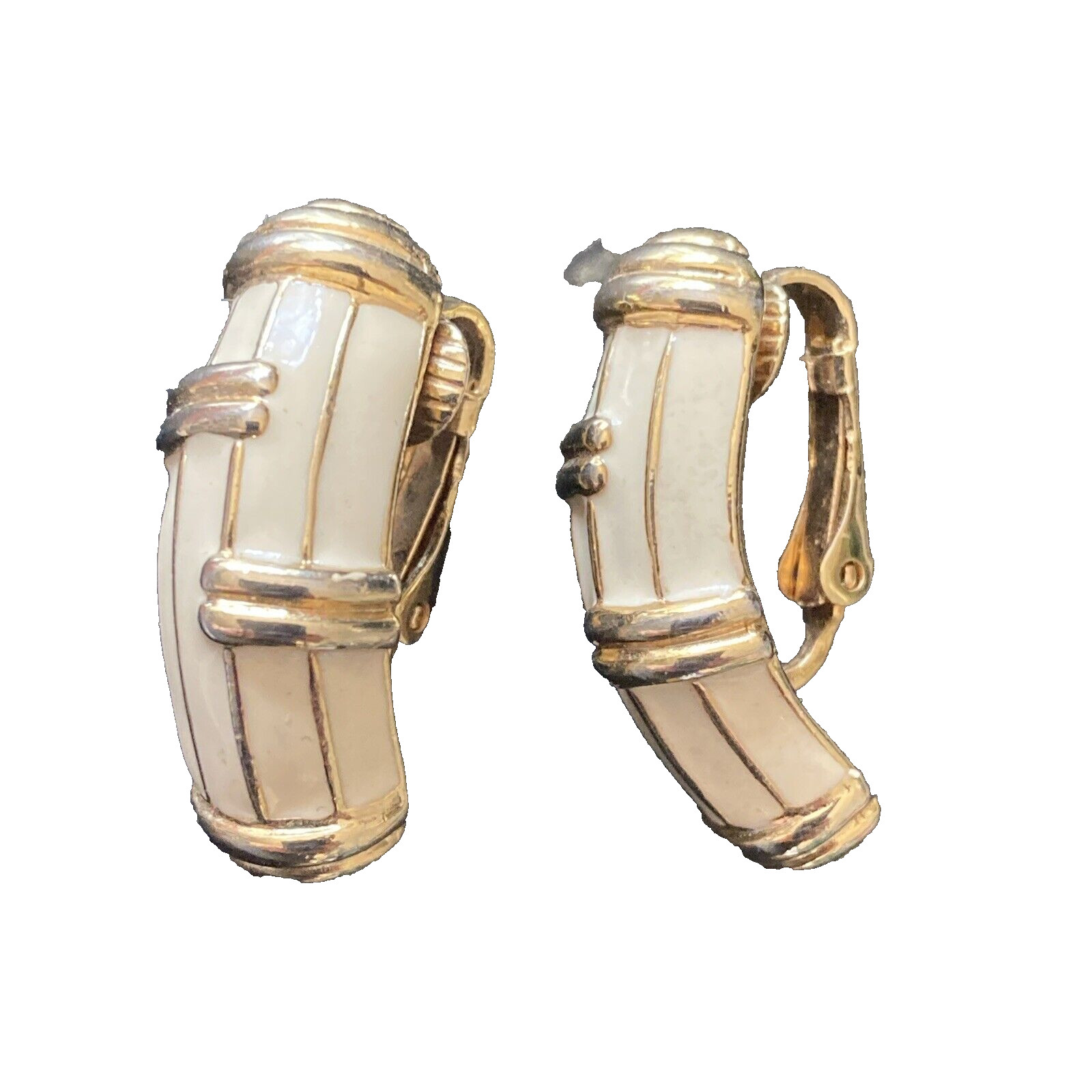 Vintage Ivory Cream and Gold Tone Enamel Clip On Earrings