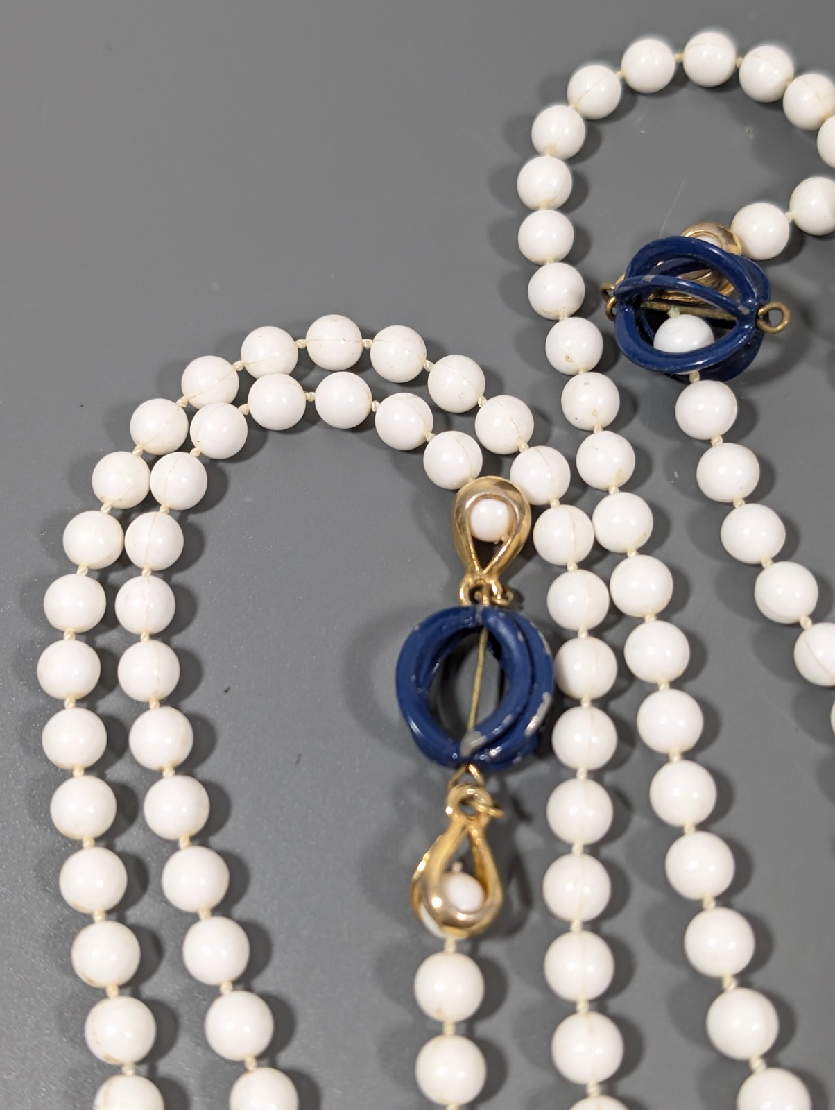 Vintage White Beaded Very Long Necklace Blue Accent Layering 54 in Opera