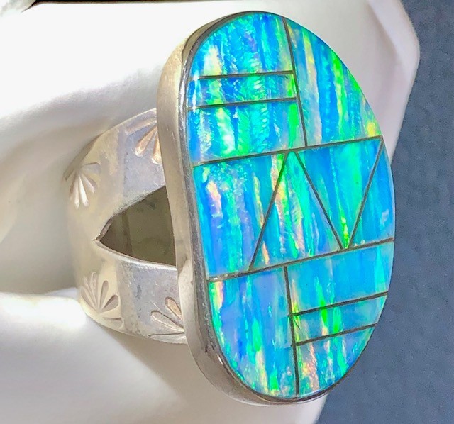 FaBuLoUs Ice blue lavender fire Opal Ring 8 Sterling Large Vintage Native Art