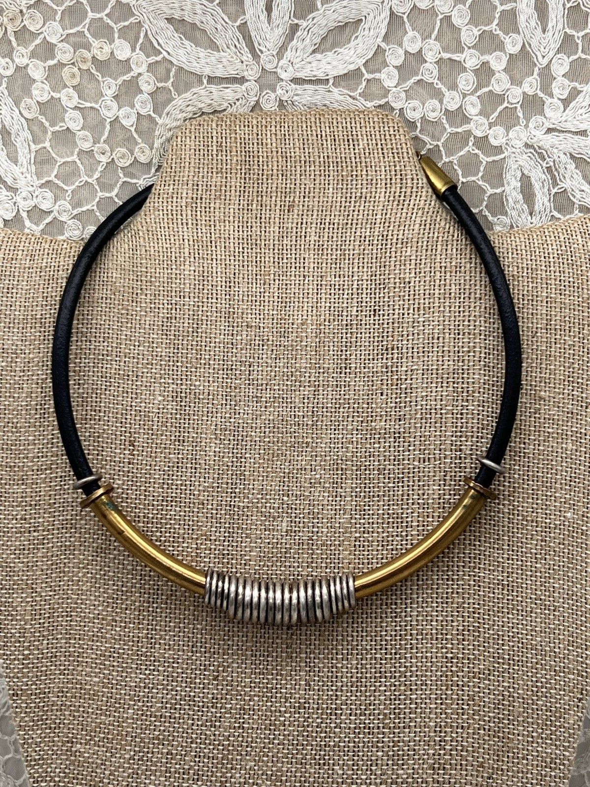 VTG Baer SF Necklace Leather Cord Gold Silver Tone Modernist Statement Jewelry