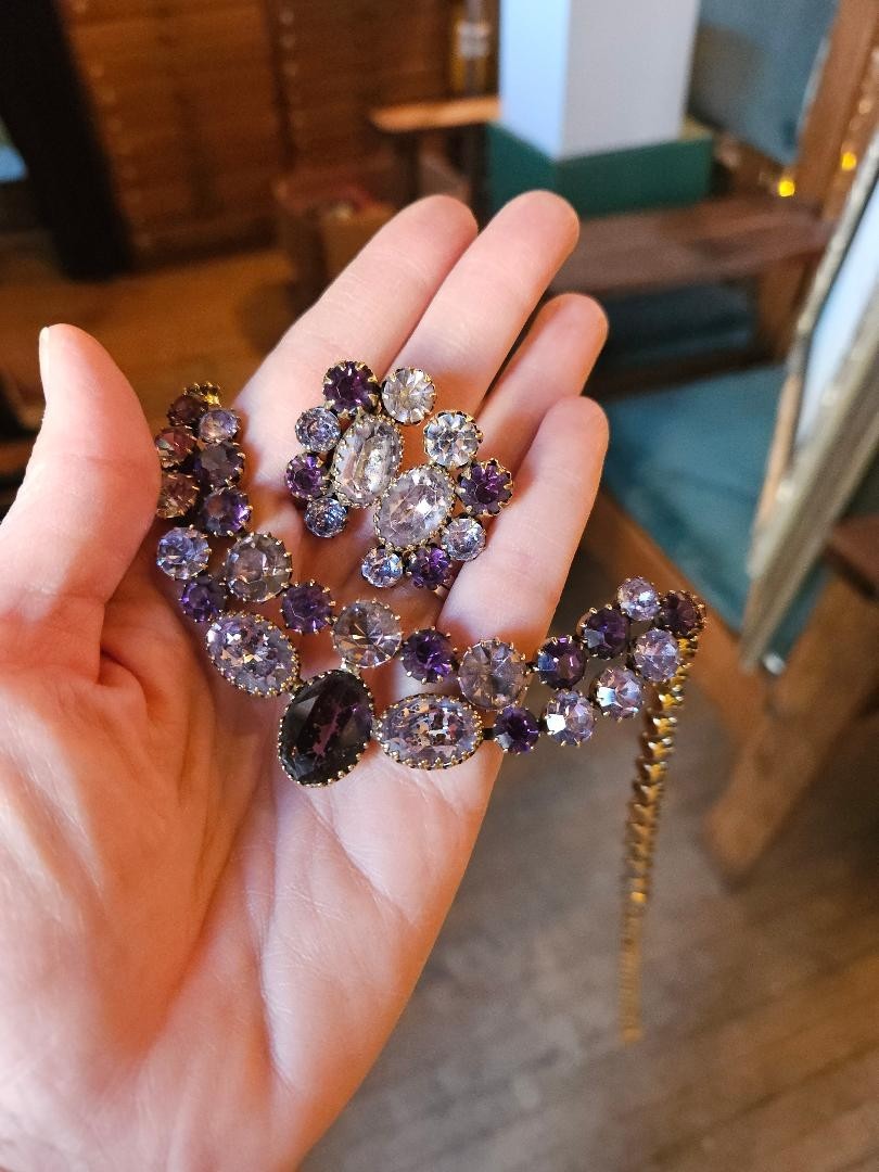 Lavender Purple and Blue Vendome Necklace and Earrings Set 1950s