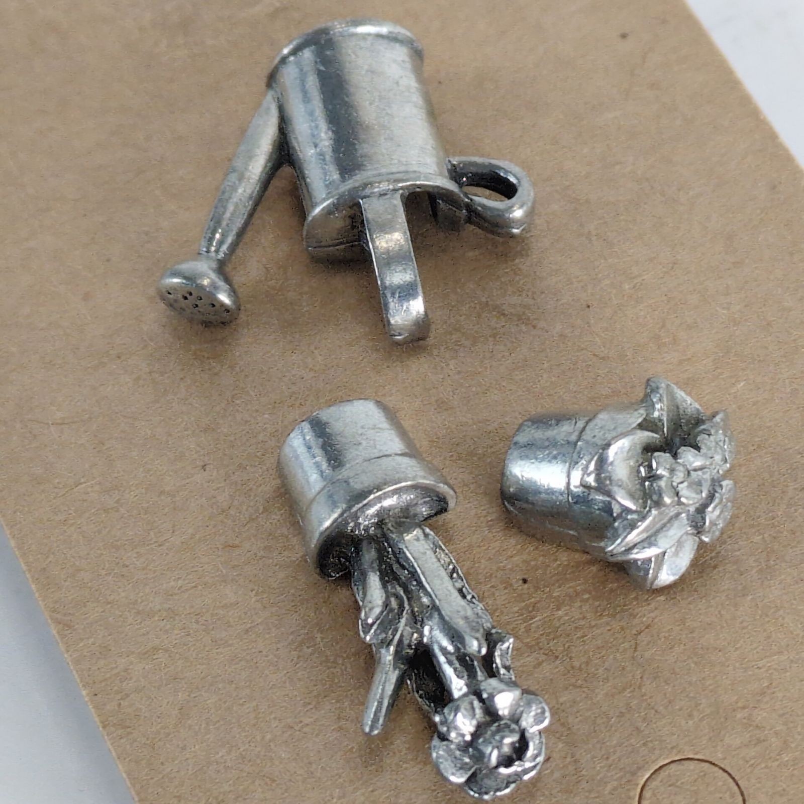 Set 3 Jim Clift Pewter Garden Lapel Tack Pins, Vintage 90s, Watering Can Flowers
